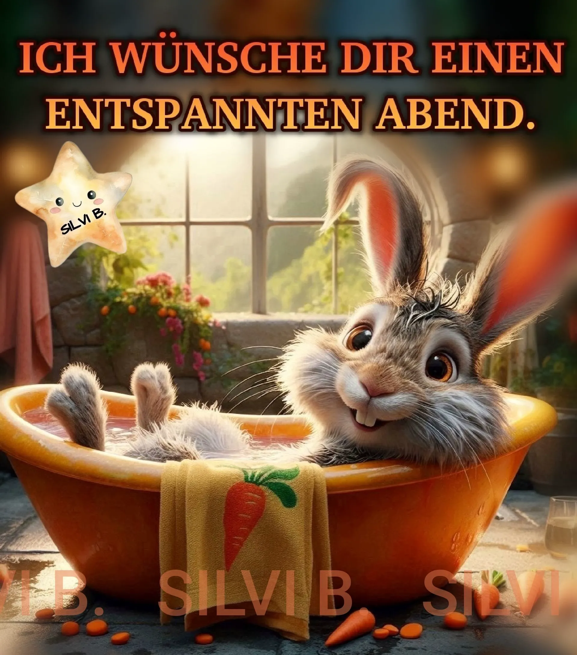 Ein süßes Häschen nimmt ein entspanntes Bad in einer orangefarbenen Wanne und lächelt fröhlich. Darüber der Text: „Ich wünsche dir einen entspannten Abend.“ Perfekt für Abendgrüße.