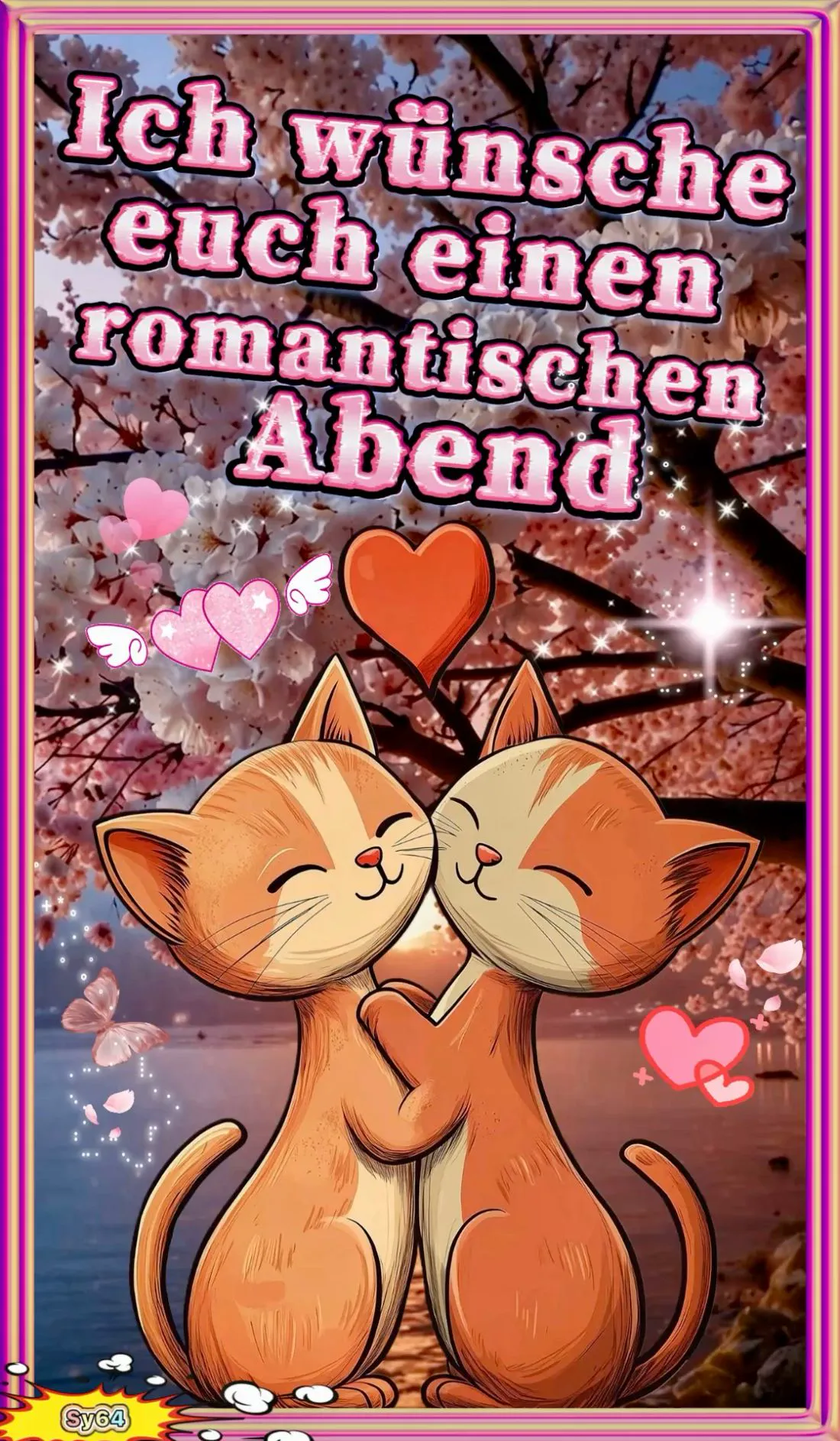 Ein Cartoon von zwei Katzen, die sich umarmen, vor einem Hintergrund mit rosa Blüten und einem roten Herz.