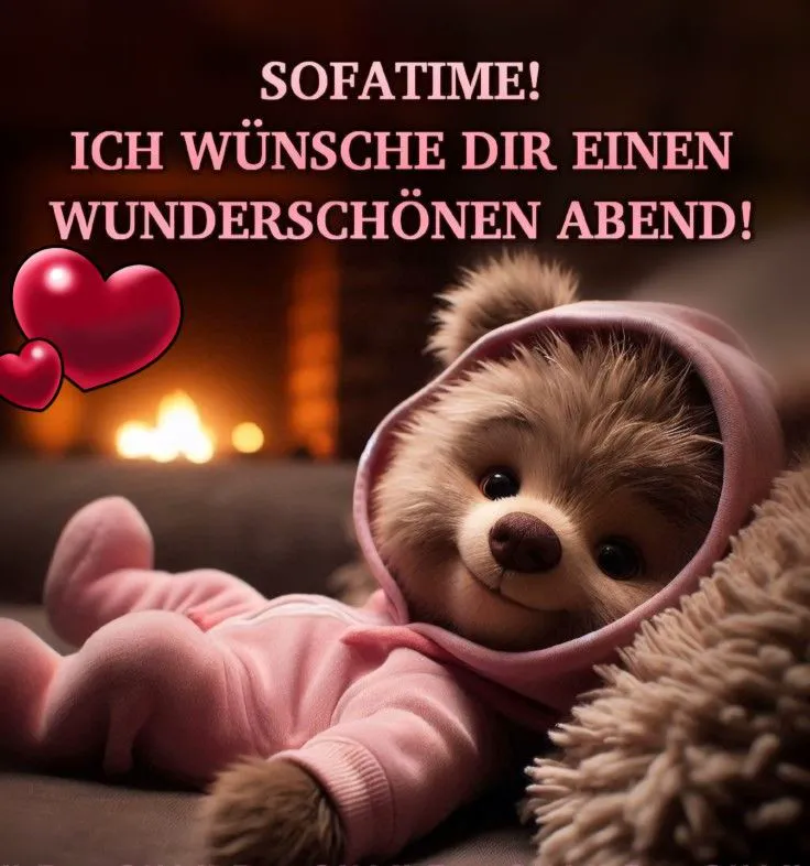 Ein Teddybär in rosa Kleidung liegt auf einem Sofa vor einem Kamin, umgeben von zwei roten Herzen