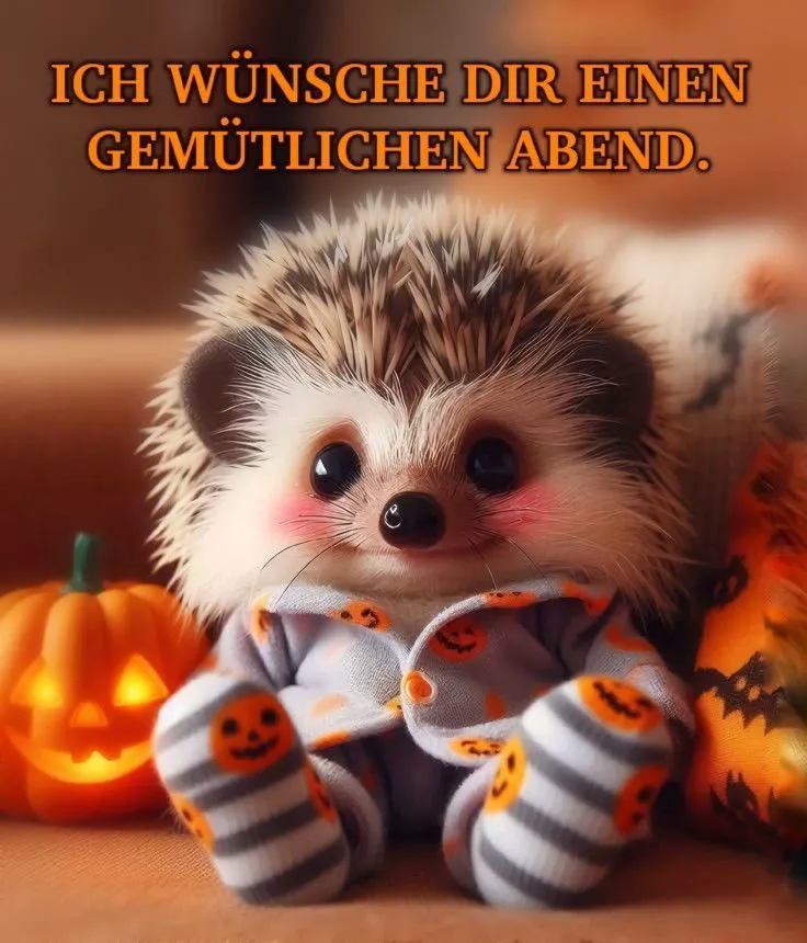 Ein niedlicher Igel in Pyjama mit Kürbismotiven sitzt zwischen leuchtenden Halloween-Kürbissen und wünscht einen gemütlichen Abend.