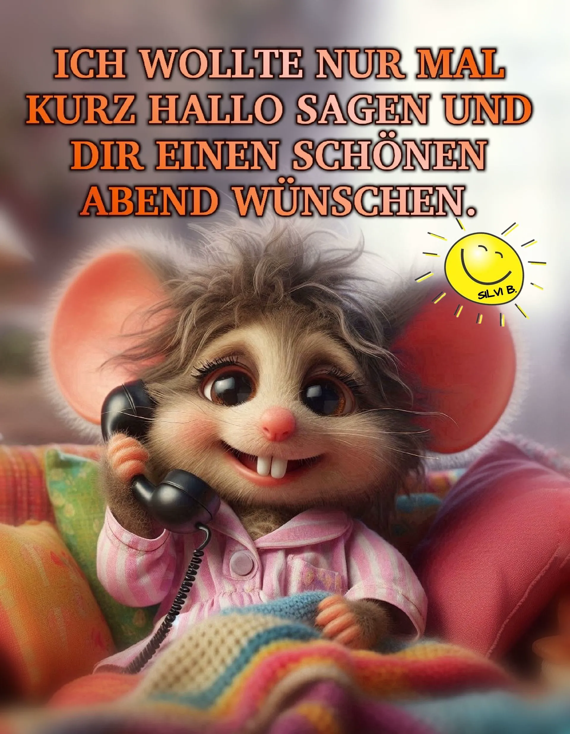 Ein niedliches Mäuschen mit großen Ohren und einem freundlichen Lächeln hält einen schwarzen Telefonhörer ans Ohr und sitzt auf einem bunten Sofa.