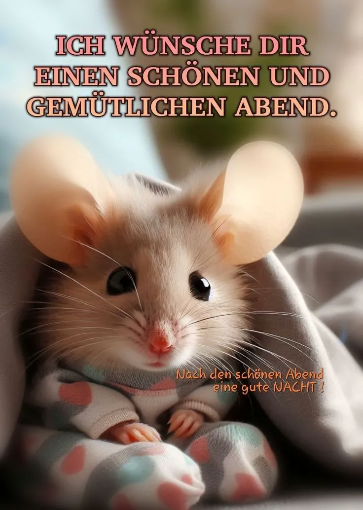 Ein niedliches Maus im Pullover mit Herzchen, das einen gemütlichen Abend wünscht.