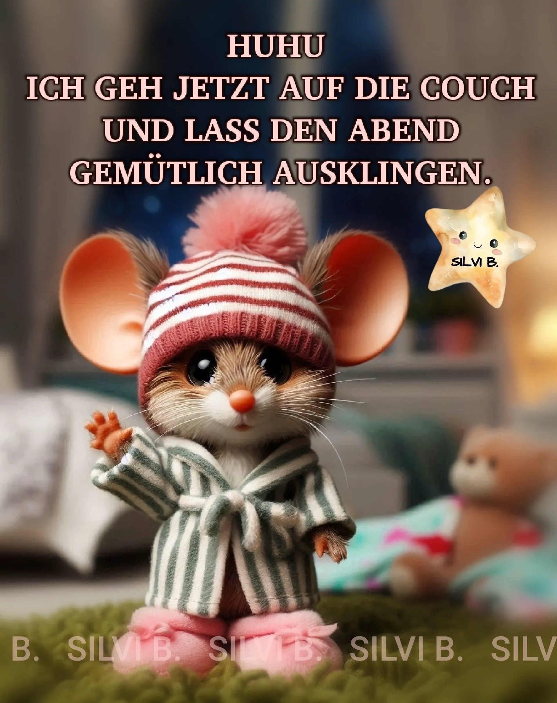 Ein niedliches Mäuschen in gestreiftem Bademantel und Mütze winkt. Ein gemütliches Guten-Abend-Grußbild zum Teilen, perfekt für einen entspannten Tagesausklang.