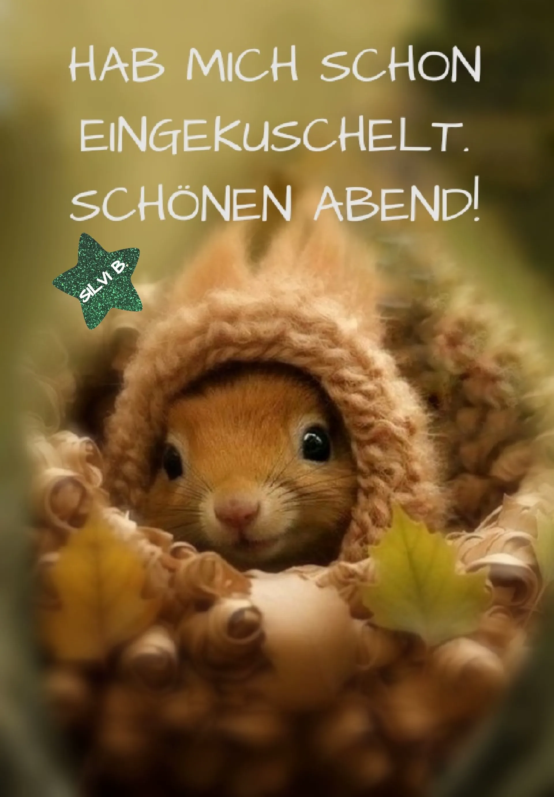 Ein niedliches Eichhörnchen in einem kuscheligen Nest mit Herbstlaub, das einen schönen Abend wünscht.