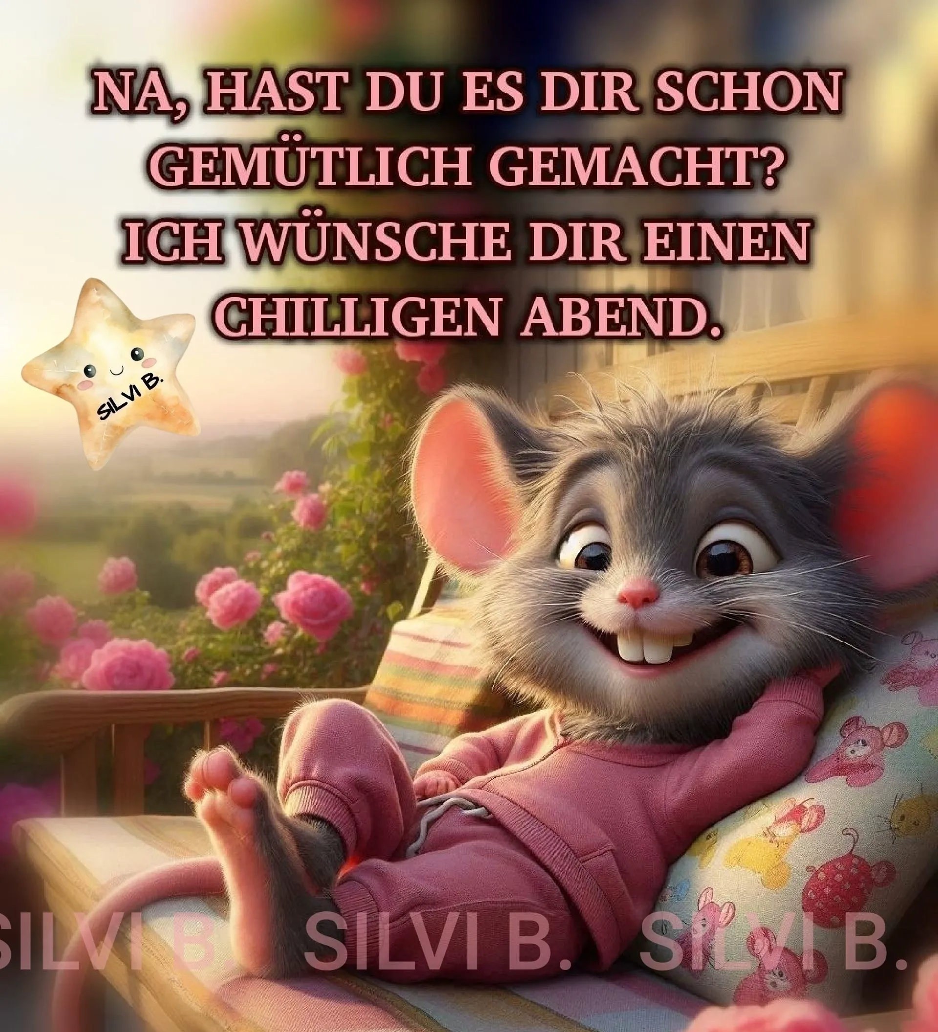 Ein Cartoon-Mäuschen in rosa Kleidung liegt auf einem Stuhl im Freien, umgeben von Blumen, und wünscht einen schönen Abend.