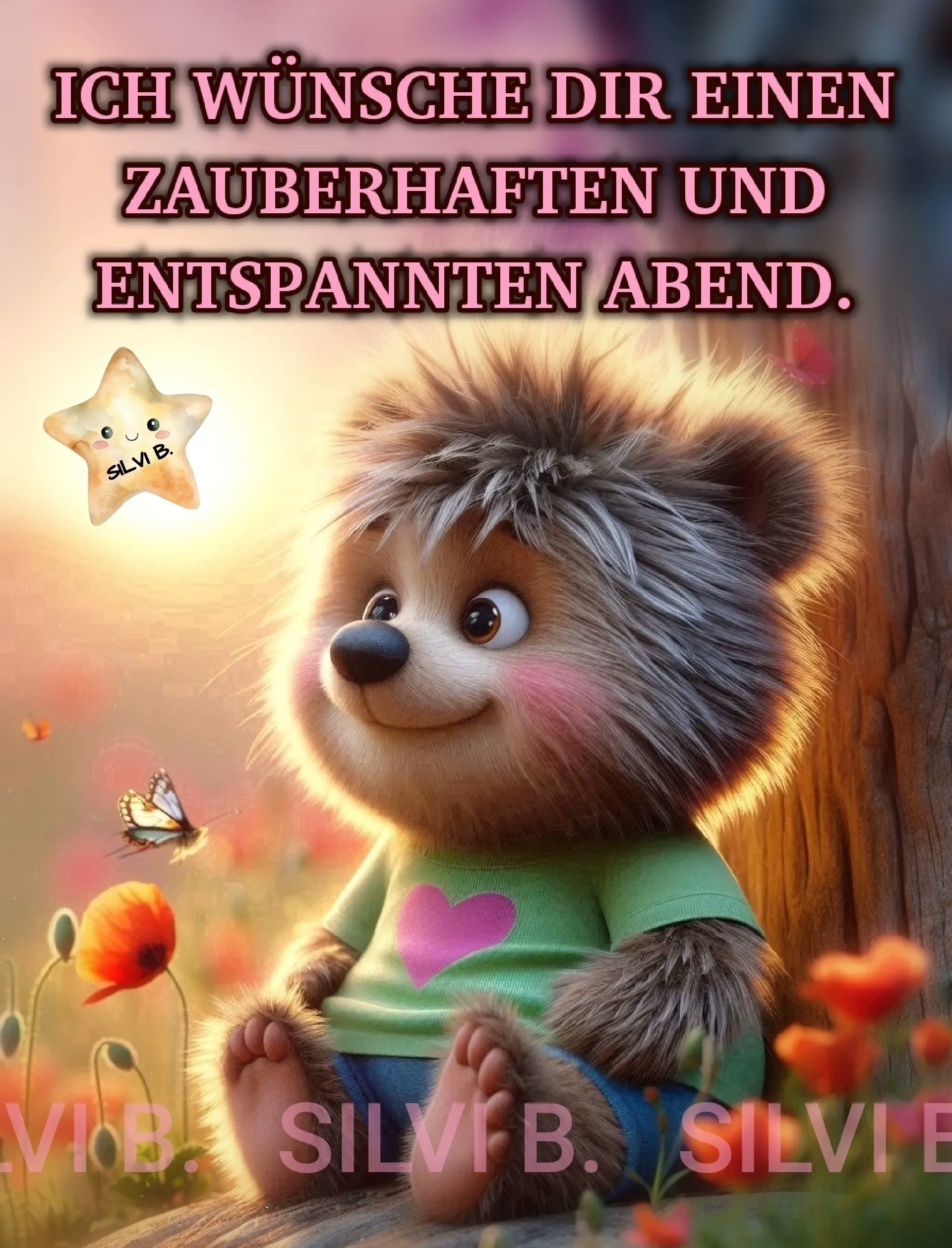 Ein niedlicher Cartoon-Igel sitzt in einem Blumenfeld, umgeben von Schmetterlingen und einem Stern, der einen zauberhaften Abend wünscht.