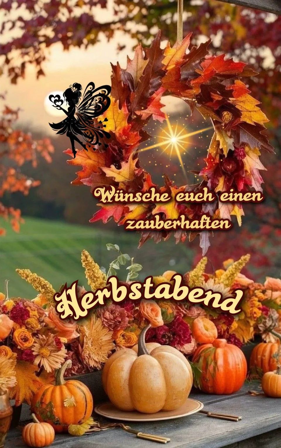 Ein Herbstbild mit Kürbissen, Blumen und Blättern, ein zauberhafter Abend