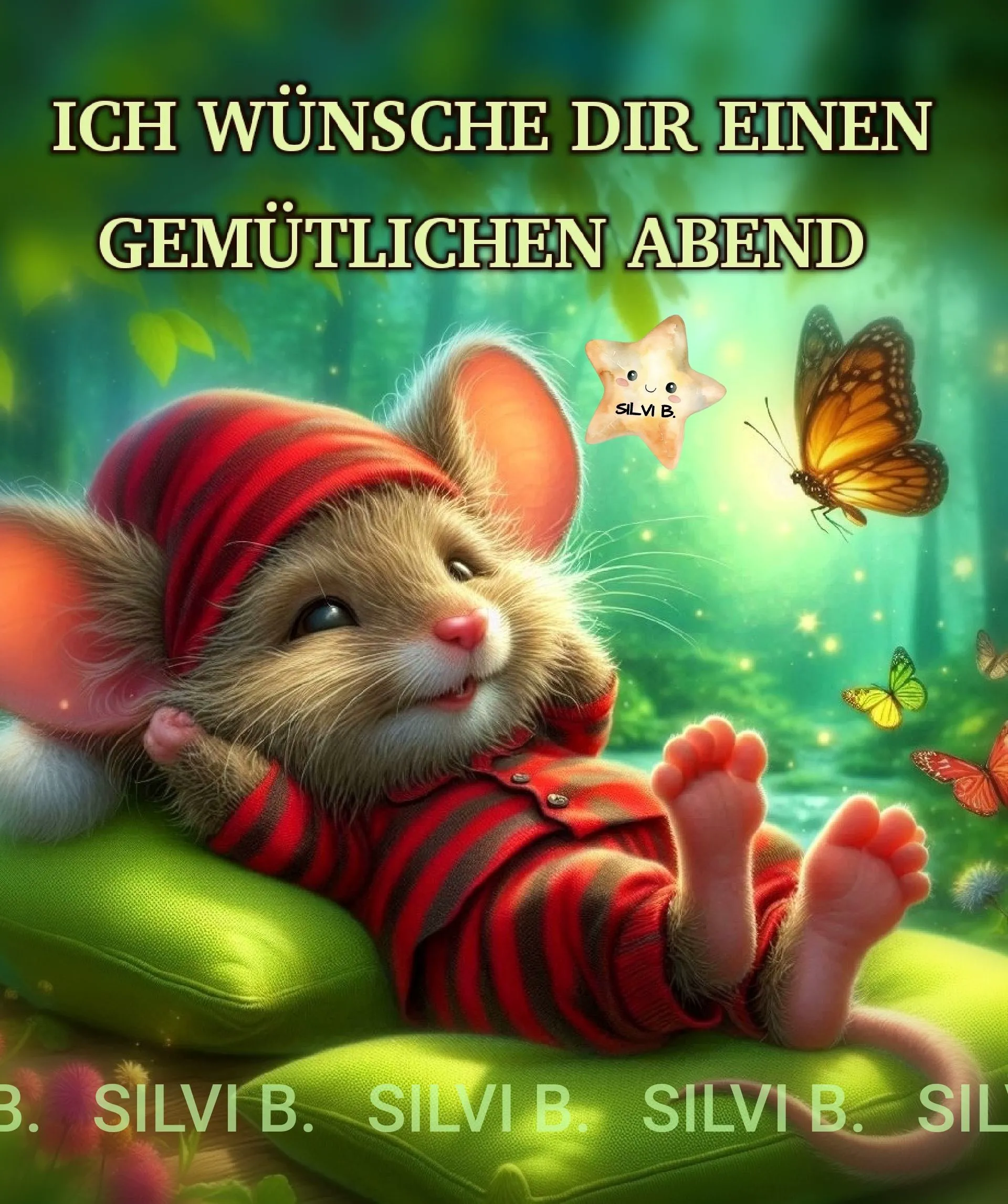 Ein niedliches Maus-Bild mit einem gemütlichen Abendgruß, Schmetterlinge und ein Stern