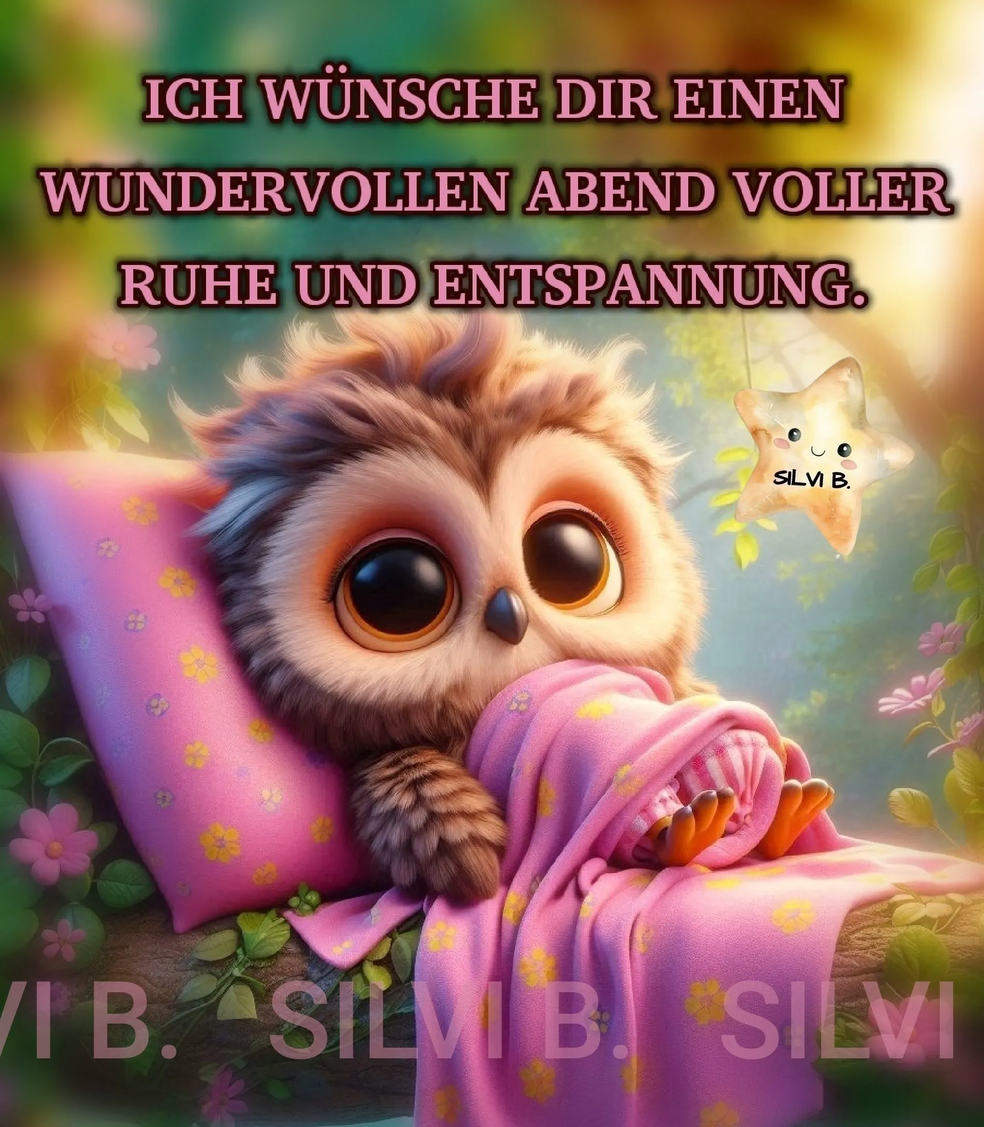 Ein Cartoon-Eule sitzt auf einem Kissen mit einem rosa Tuch, umgeben von Blumen und einem Stern.