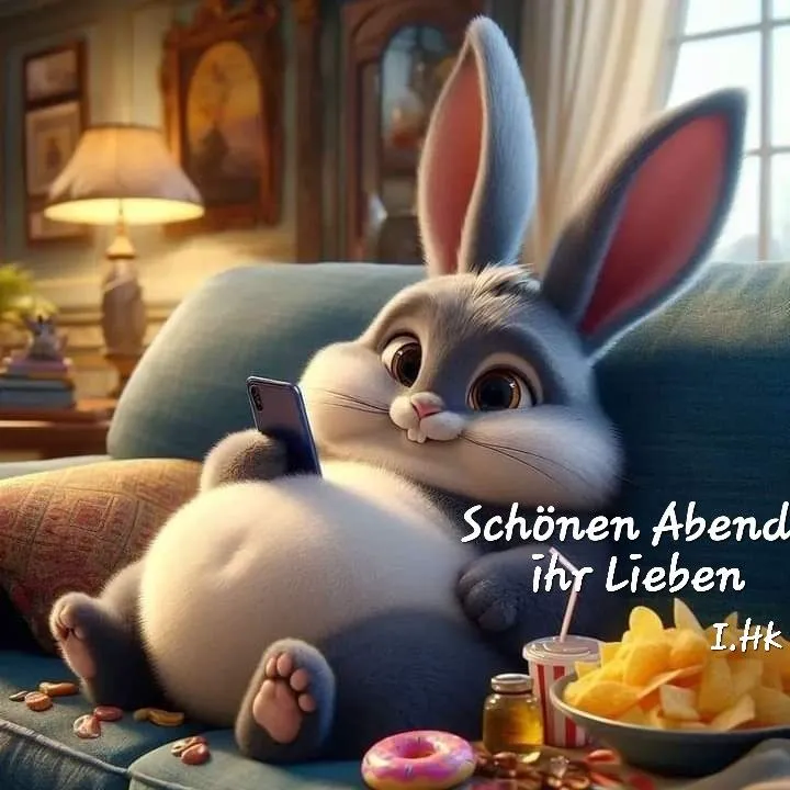 Ein Cartoon-Hase liegt auf einem Sofa, hält ein Handy in der Hand und hat Snacks neben sich.