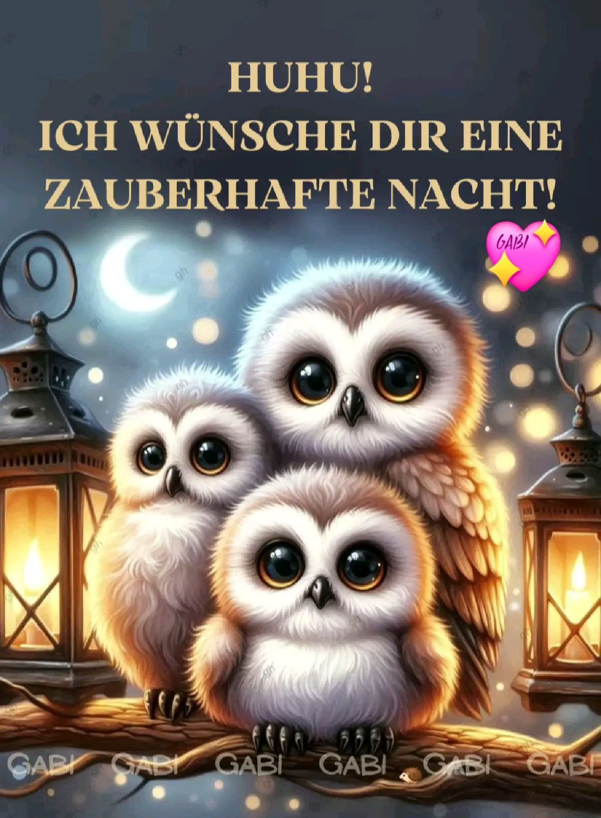 Drei Eulen auf einem Ast mit Laternen im Hintergrund unter einem nächtlichen Himmel
