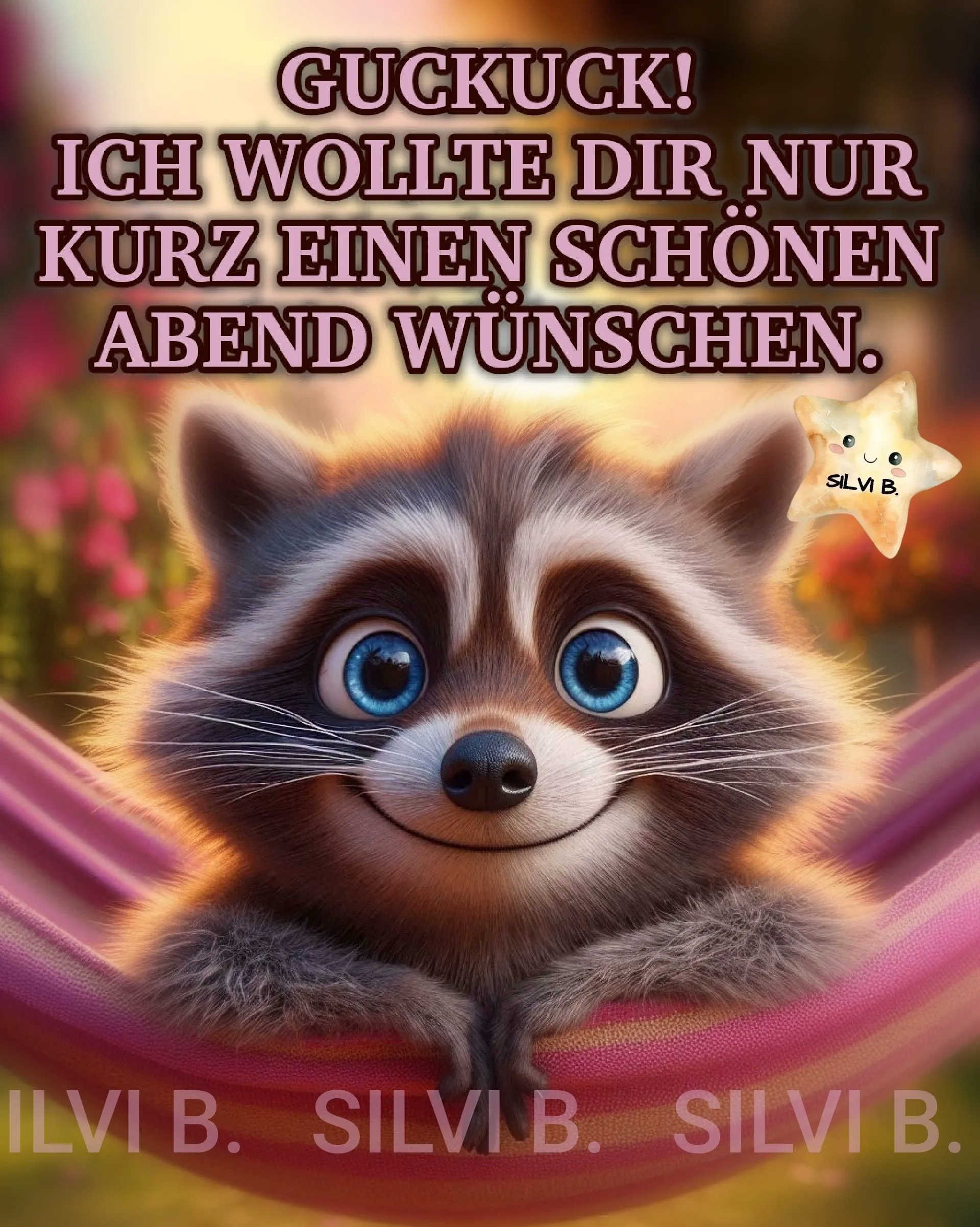 Ein Cartoon-Waschbär mit großen blauen Augen liegt in einer rosa Hängematte und wünscht einen schönen Abend.