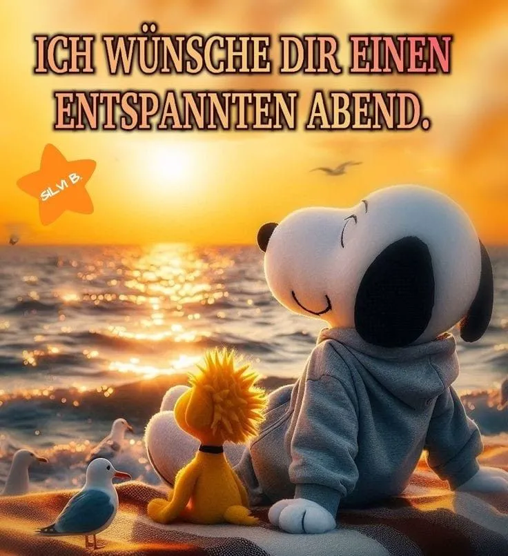 Snoopy und ein gelber Hund sitzen am Strand bei Sonnenuntergang, umgeben von Vögeln.