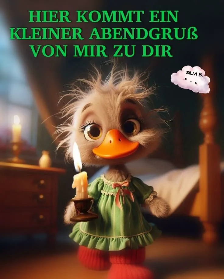 Ein niedliches Cartoon-Entenküken hält eine Kerze in der Hand und trägt ein grünes Kleid