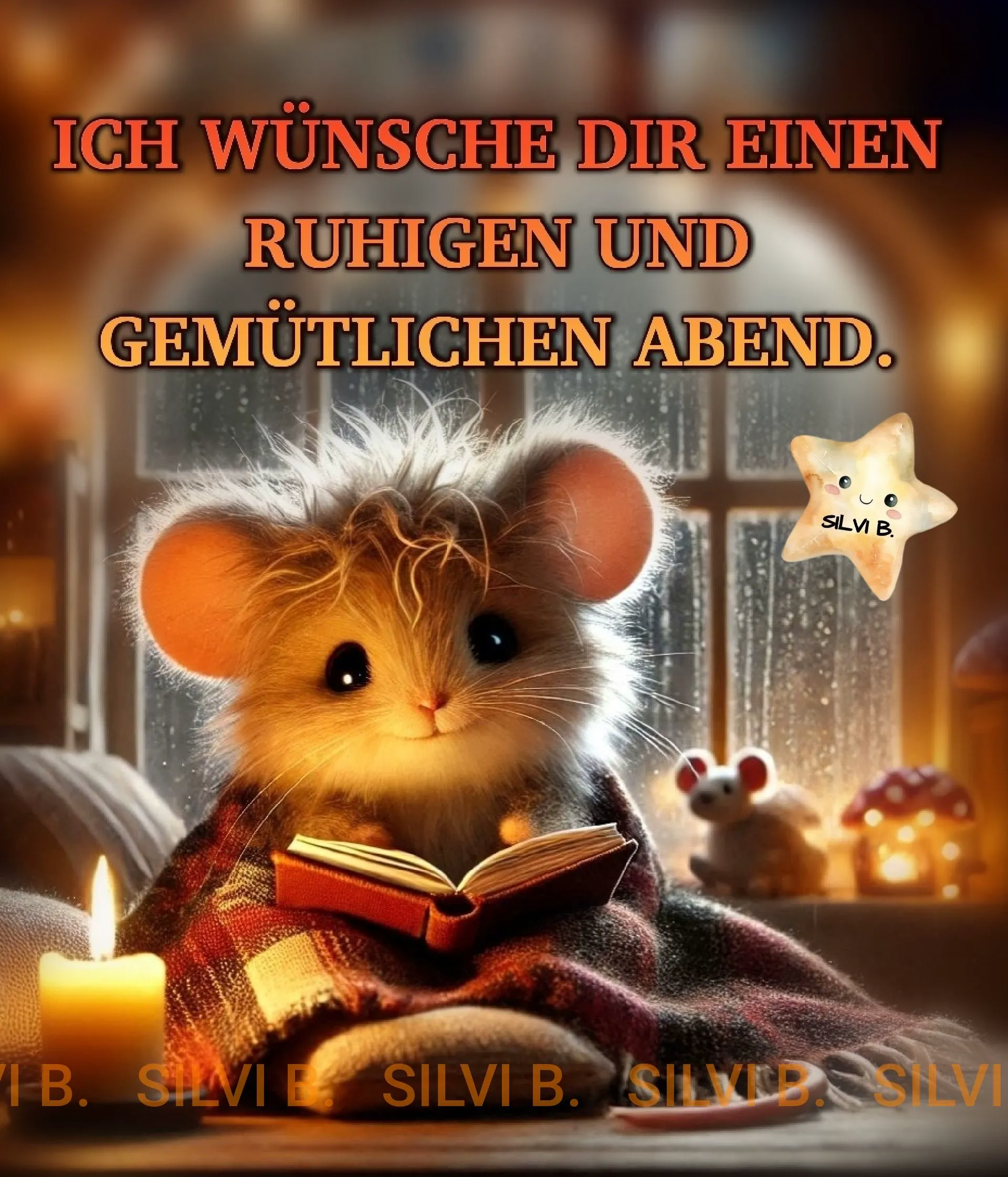 Ein niedliches Mäuschen sitzt mit einem Buch und einer Kerze am Fenster, umgeben von einer gemütlichen Atmosphäre.