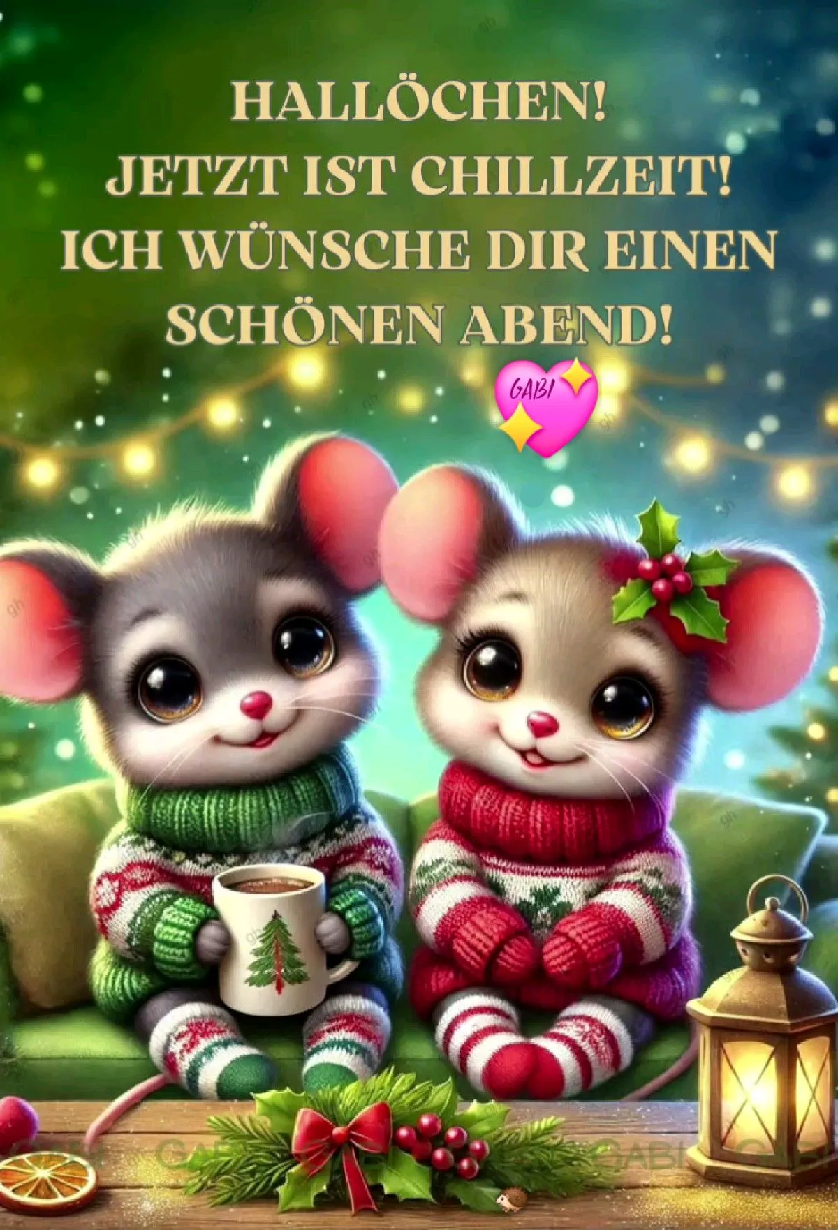 Ein digitales Bild mit zwei niedlichen Mäusen, die auf einem Sofa sitzen, Weihnachtsdekoration und eine Tasse heißen Kakao halten, vor einem grünen Hintergrund mit Lichterketten.