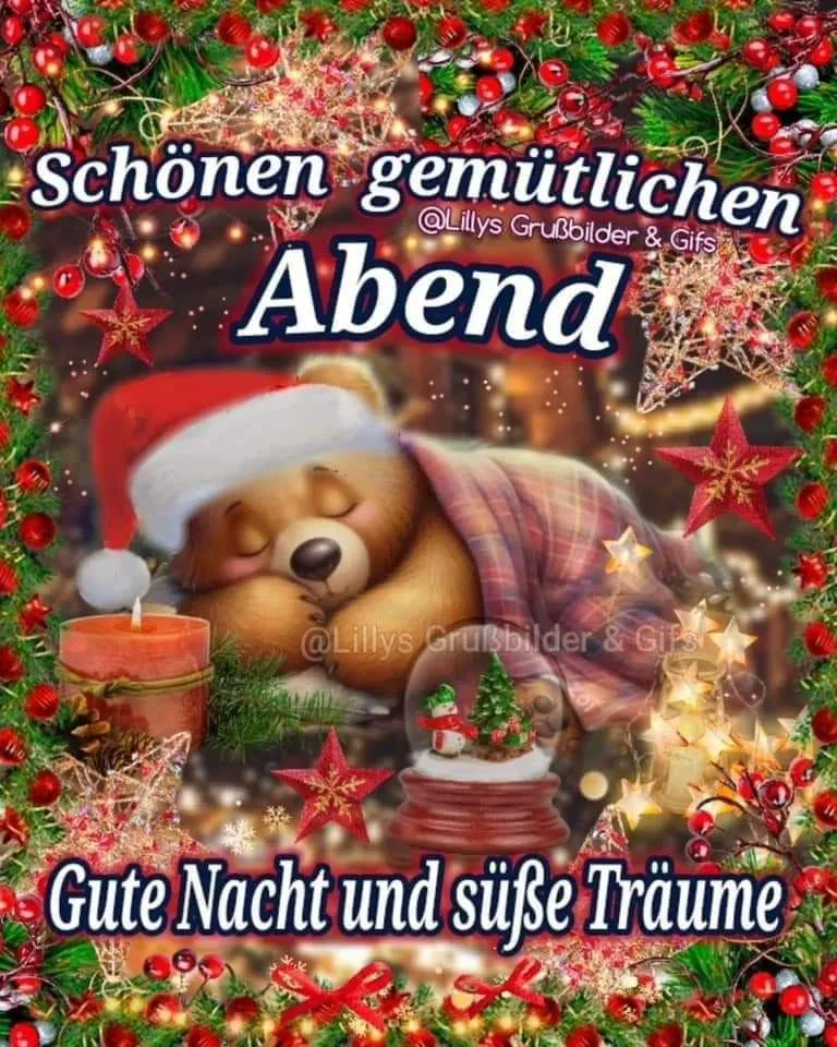 Ein süßer schlafender Teddybär mit Weihnachtsmütze und Decke, umgeben von festlichen Beeren, Sternen und Lichterketten. Dazu der Wunsch: Schönen Abend und süße Träume.