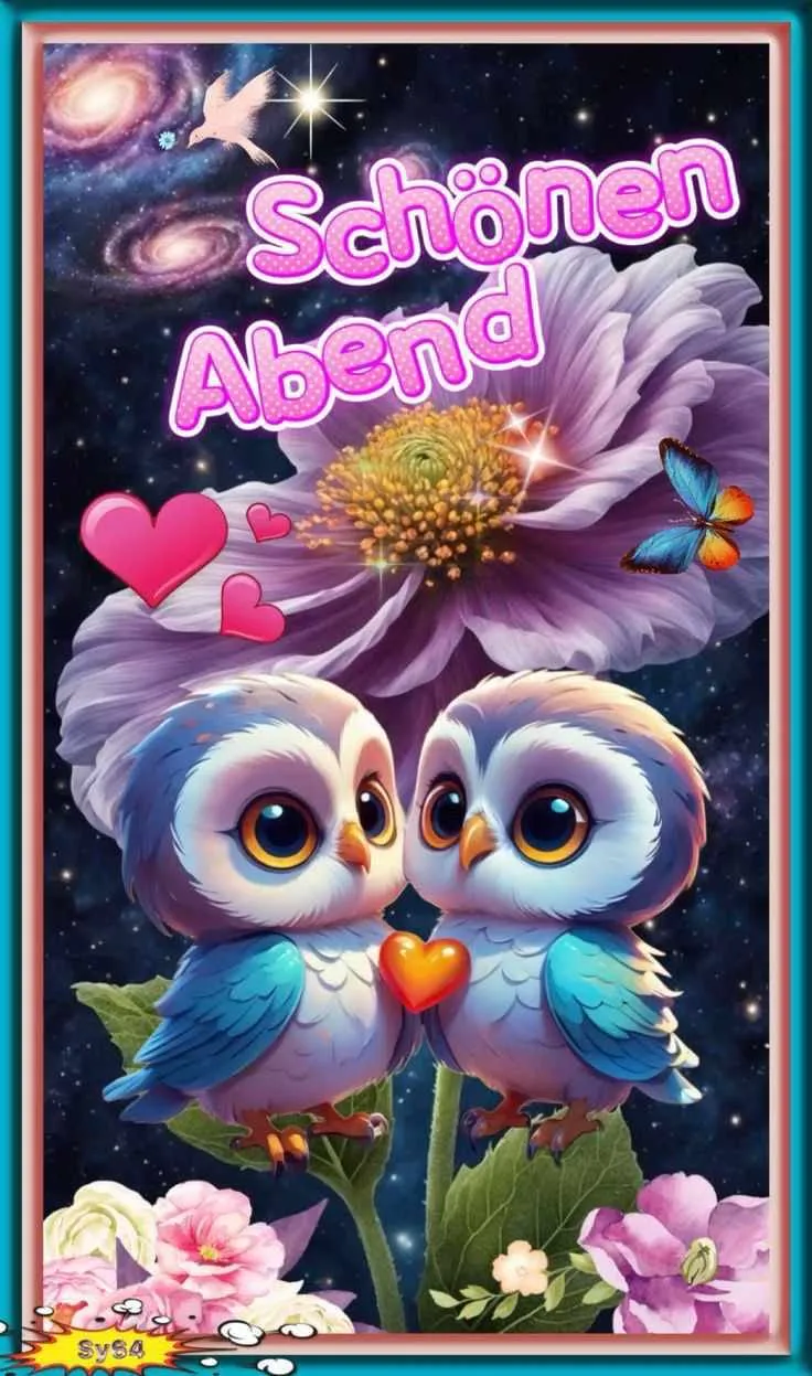 Süßes Guten-Abend-Grußbild mit zwei niedlichen Eulen, die Herzen halten, vor einem Sternenhimmel und einer lila Blüte. Pinker Schriftzug: 'Schönen Abend'.