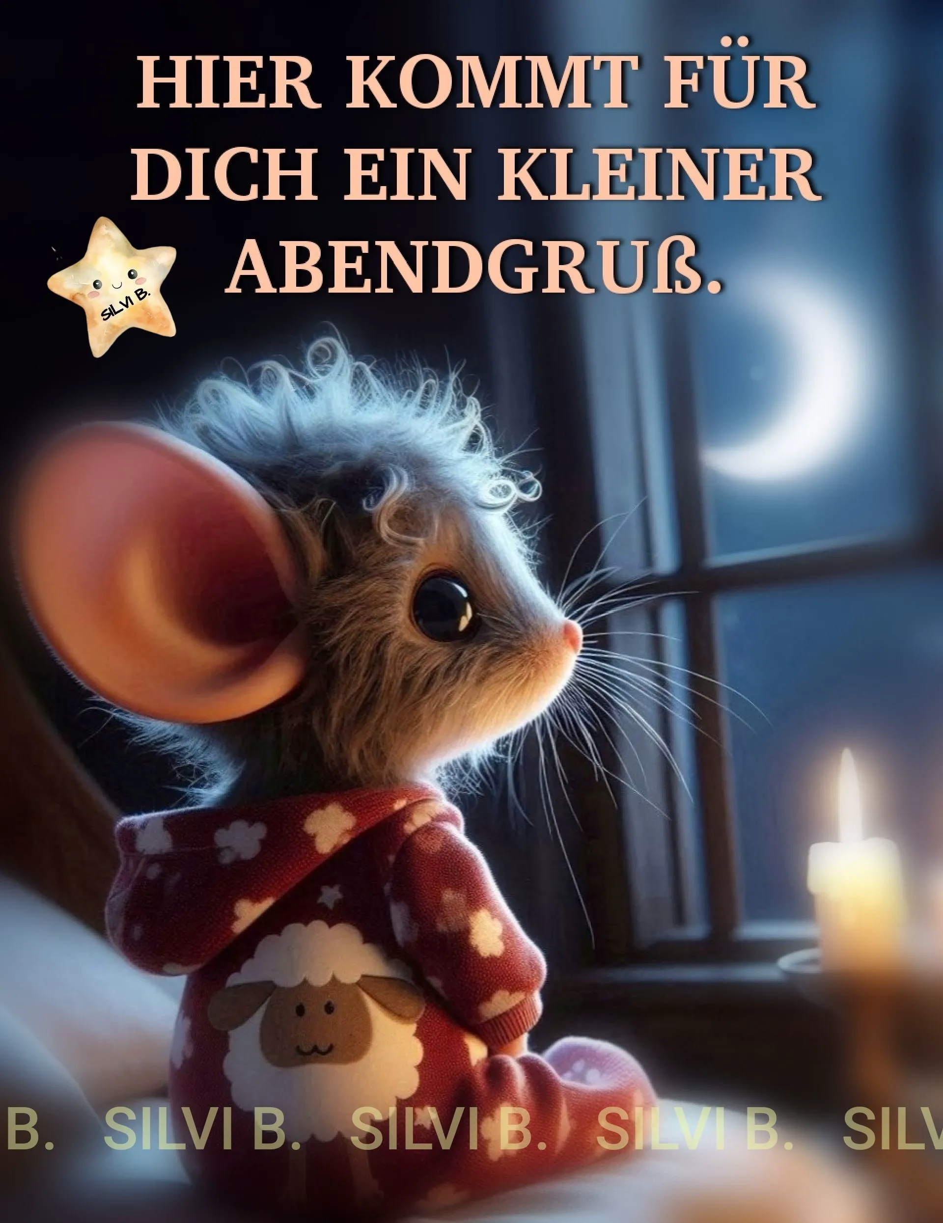Ein niedliches Mäuschen in einem roten Pullover schaut aus dem Fenster auf den Mond