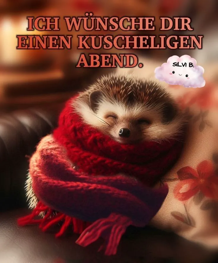 Ein süßer kleiner Igel, eingewickelt in einen roten Strickschal, schläft friedlich auf einem gemütlichen Kissen. Ein herzliches Guten-Abend-Grußbild.