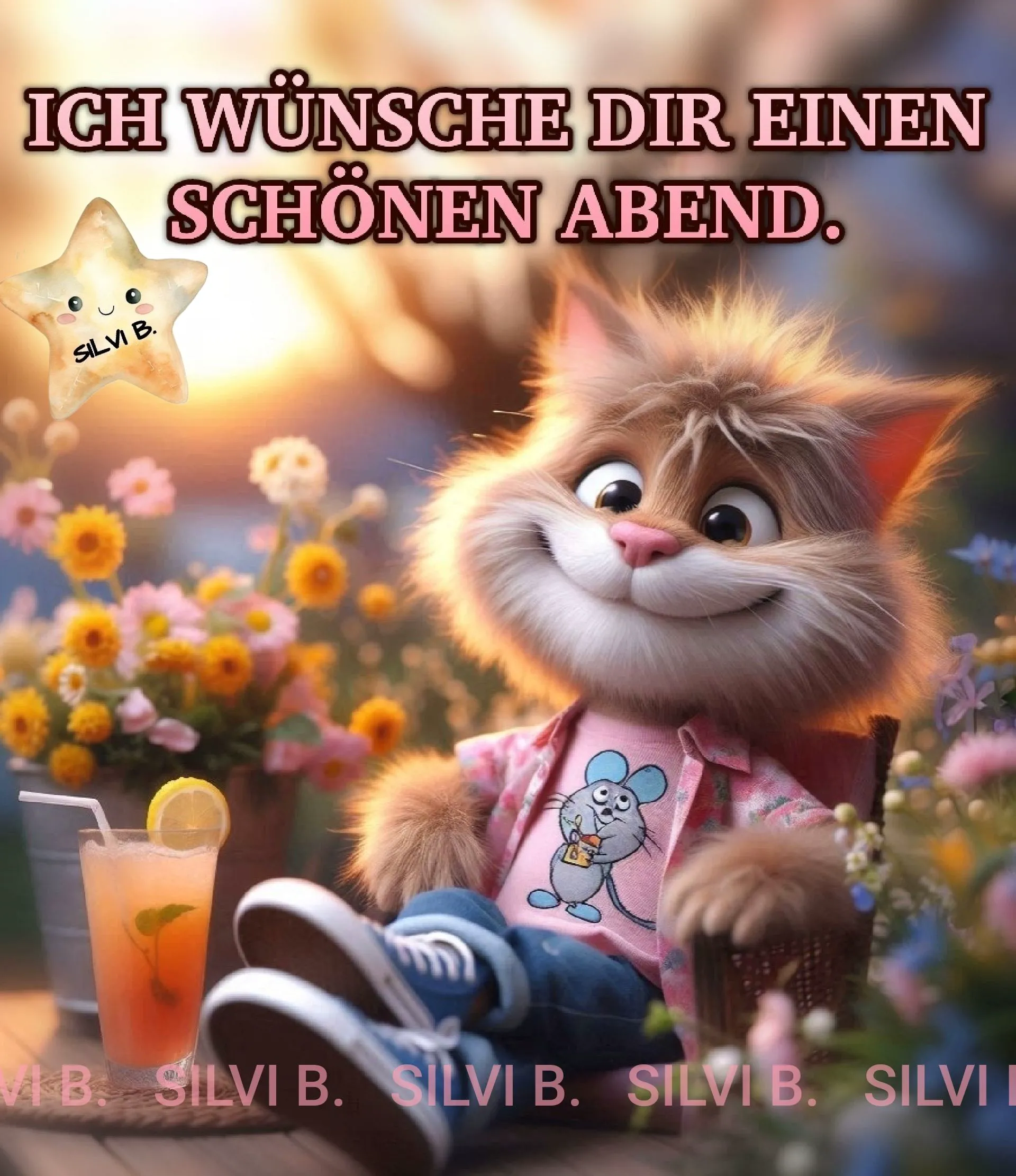Ein niedliches, flauschiges Cartoon-Kätzchen lächelt entspannt, sitzt draußen mit einem Cocktail und bunten Blumen. Dazu der Gruß: Ich wünsche dir einen schönen Abend.