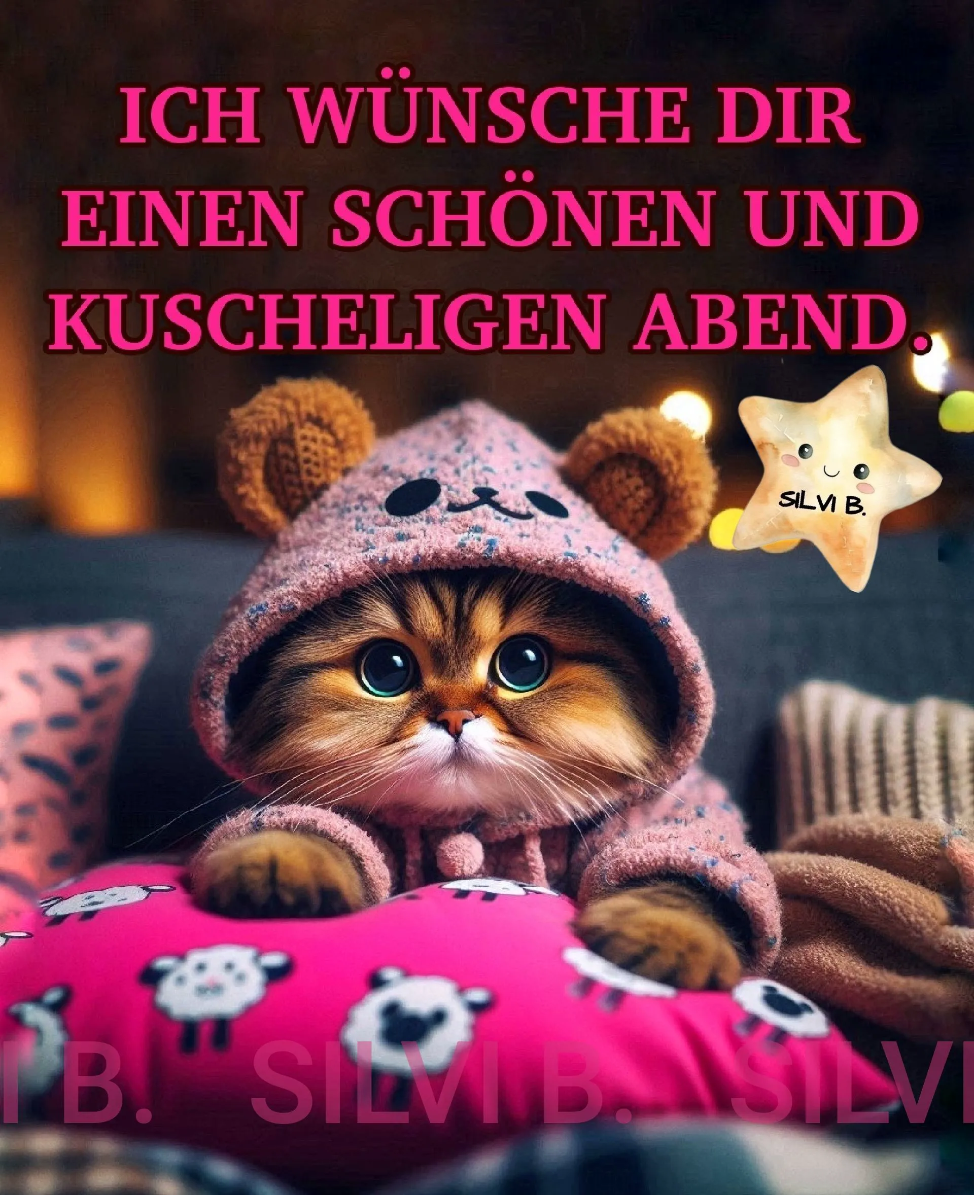 Ein niedliches Katzenbaby in rosa Schlafananzug mit Kätzchen-Muster liegt auf einem rosa Kissen mit Schafen und schaut direkt in die Kamera, im Hintergrund ein Sofa mit Kissen und eine Sternenlicht-Deko.