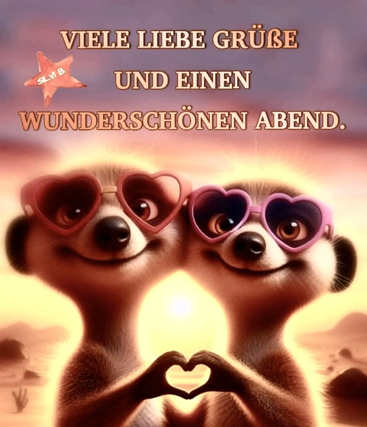 Zwei niedliche Erdmännchen mit herzförmigen Sonnenbrillen bilden mit den Händen ein Herz vor einem warmen Sonnenuntergang. Ein fröhliches Guten-Abend-Grußbild voller Liebe.