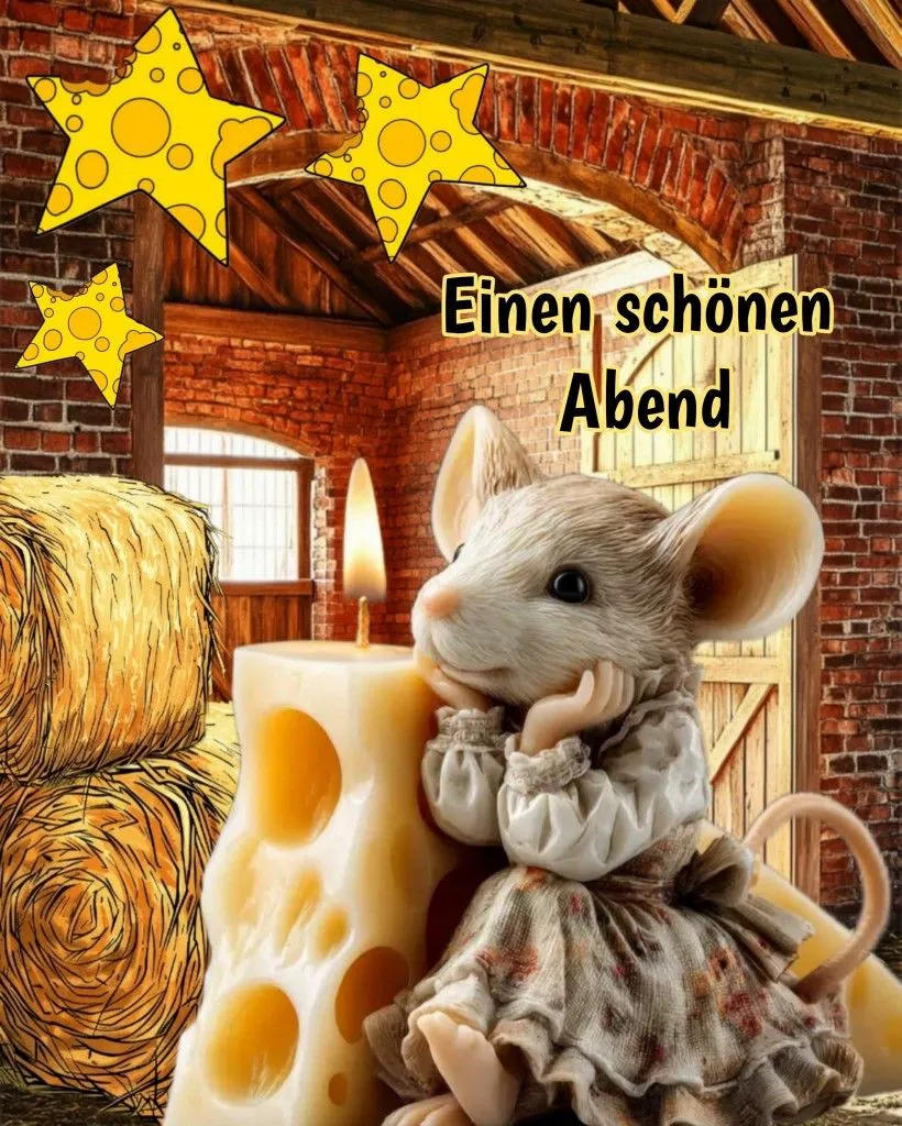 Ein niedliches Maus-Mädchen sitzt neben einem großen Käsestück in einer rustikalen Scheune, umgeben von gelben Sternen und Heuballen, und wünscht einen schönen Abend.
