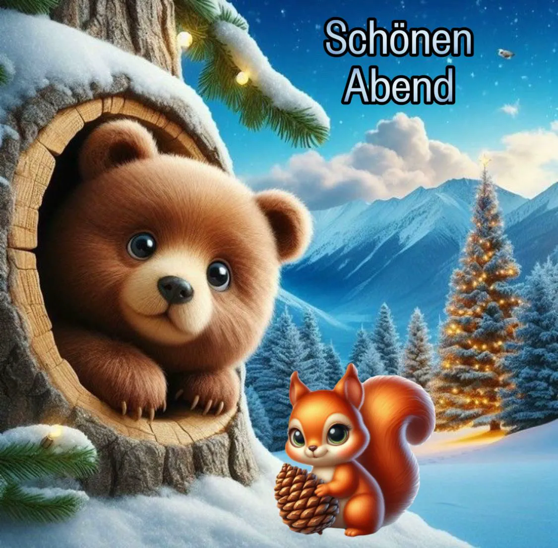 Ein süßer Cartoon-Bär schaut aus einem Baumstamm, ein Eichhörnchen mit Tannenzapfen im Schnee. Winterlandschaft mit beleuchteten Tannenbäumen. Gruß: Schönen Abend.
