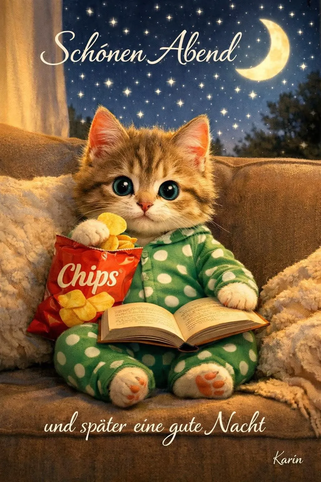 Ein niedliches Kätzchen im grünen Pyjama sitzt auf einem Sofa, hält eine Chipstüte und ein Buch, vor einem Fenster mit Sternenhimmel und Mond