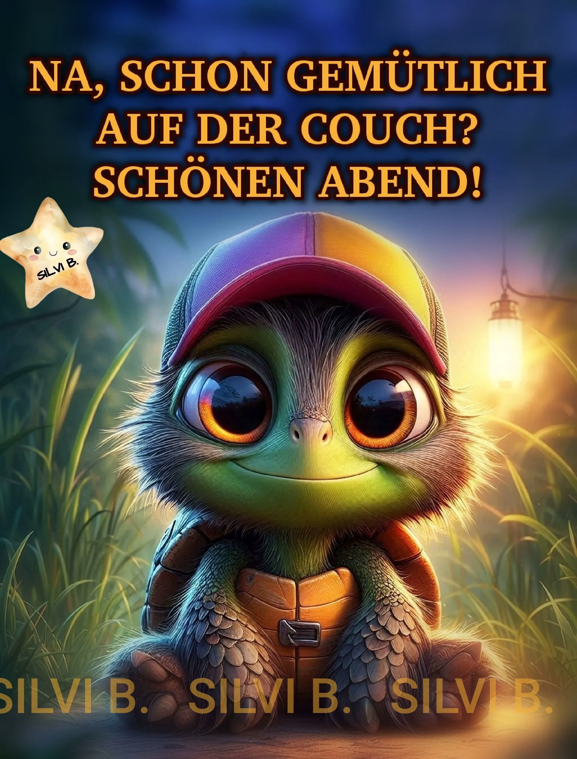 Ein niedliches, flauschiges Baby-Schildkrötchen mit Baseballkappe sitzt im grünen Gras bei Abendlicht. Es wünscht "Schönen Abend!" und fragt nach Gemütlichkeit auf der Couch.