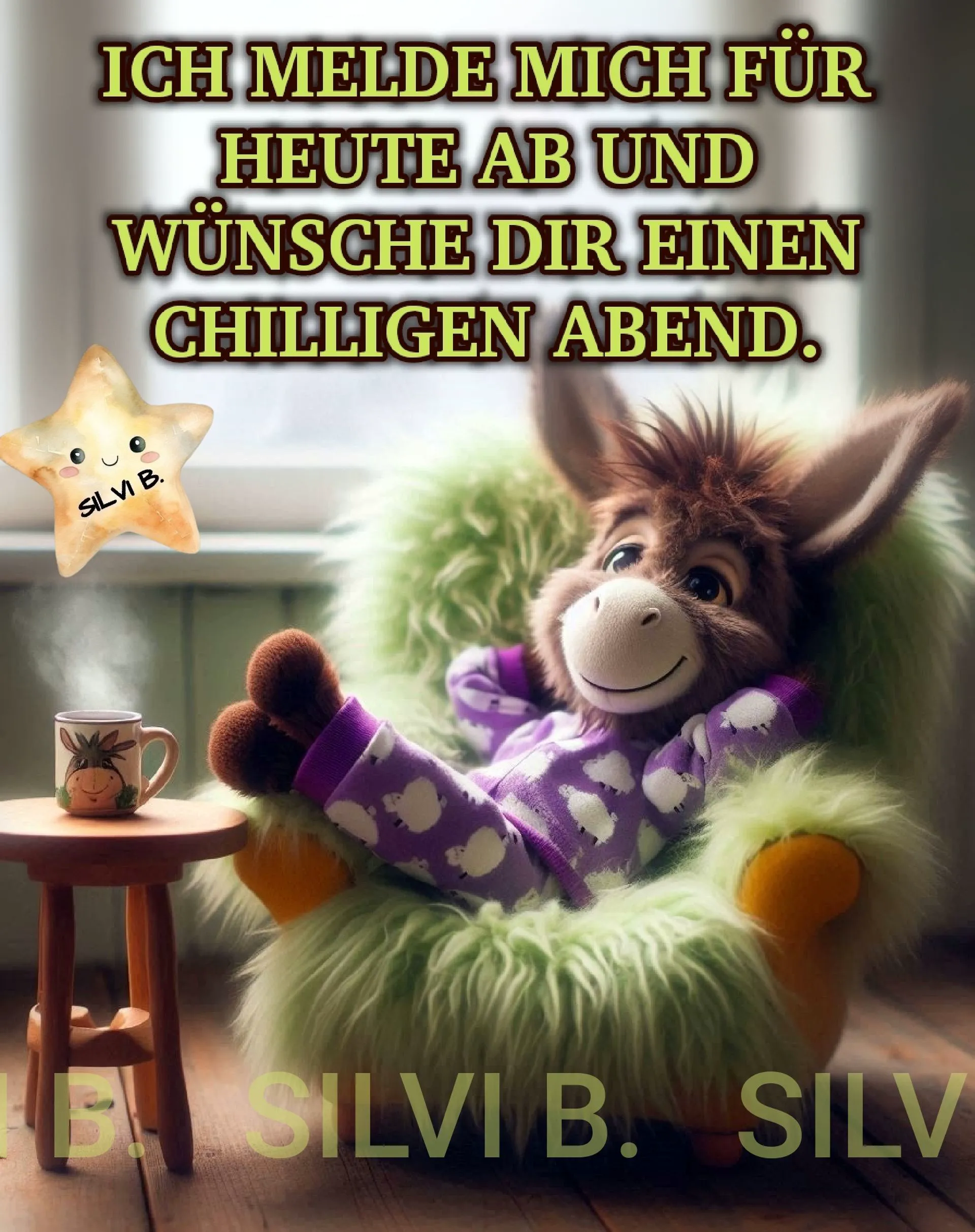 Ein niedlicher Plüsch-Esel in lila Schlafanzug entspannt in einem flauschigen grünen Sessel mit einer Tasse. Ein lächelnder Stern schwebt daneben. Text: Ich wünsche dir einen chilligen Abend.
