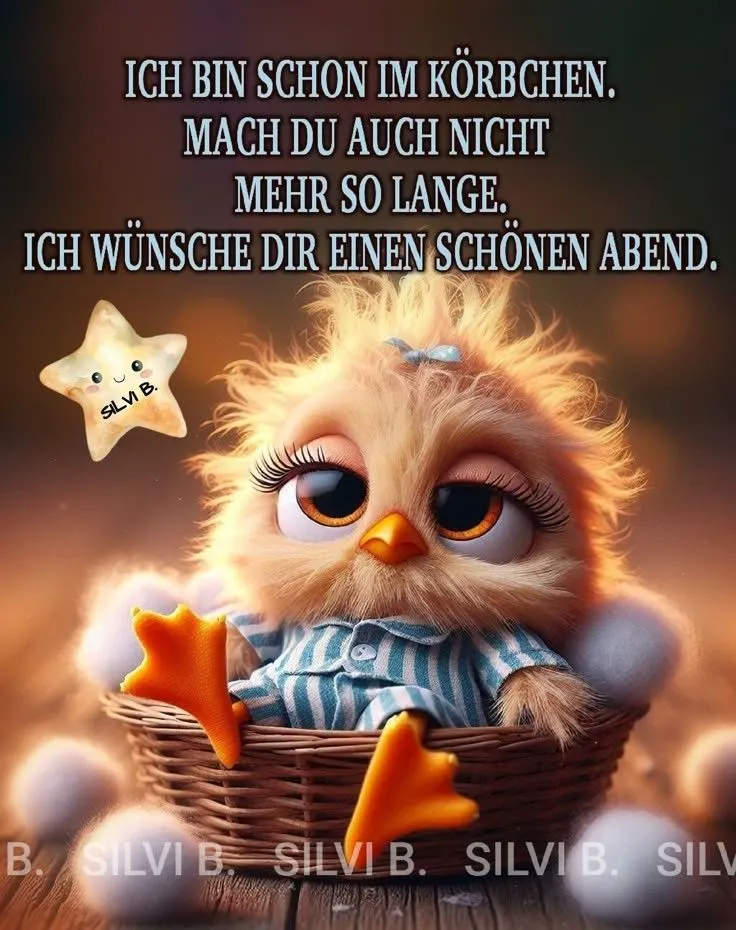 Ein flauschiges, gelbes Küken mit großen Schlafaugen und Wimpern sitzt im Körbchen und trägt einen Pyjama. Es wünscht einen schönen Abend.