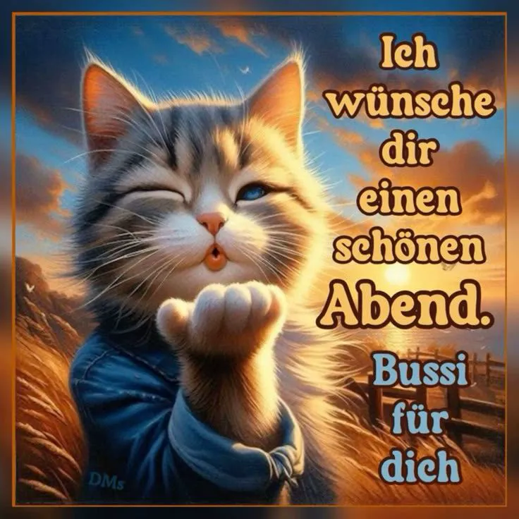 Flauschiges Kätzchen im blauen Hemd zwinkert, pustet ein Küsschen. Warmer Sonnenuntergang im Hintergrund. Text: „Ich wünsche dir einen schönen Abend. Bussi für dich.“