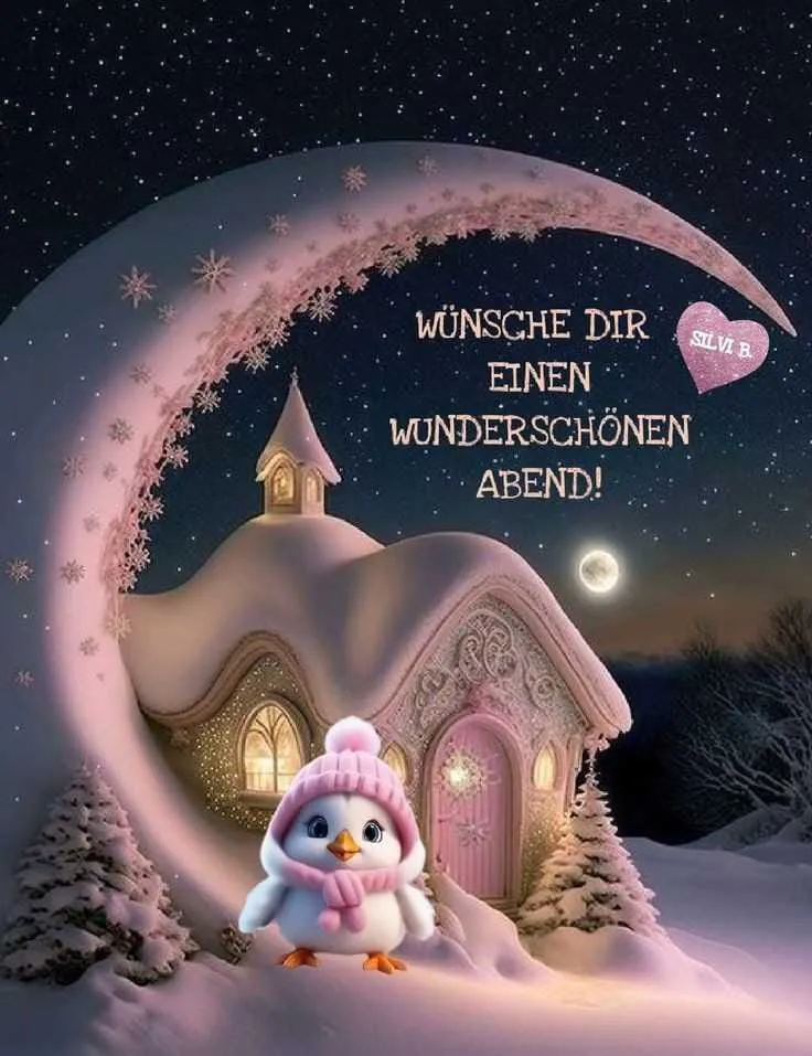 Niedlicher Pinguin mit rosa Mütze in einer magischen Winterlandschaft. Ein verschneites Haus unter Sichelmond und funkelnden Sternen. Perfekt für einen herzlichen Guten-Abend-Gruß.