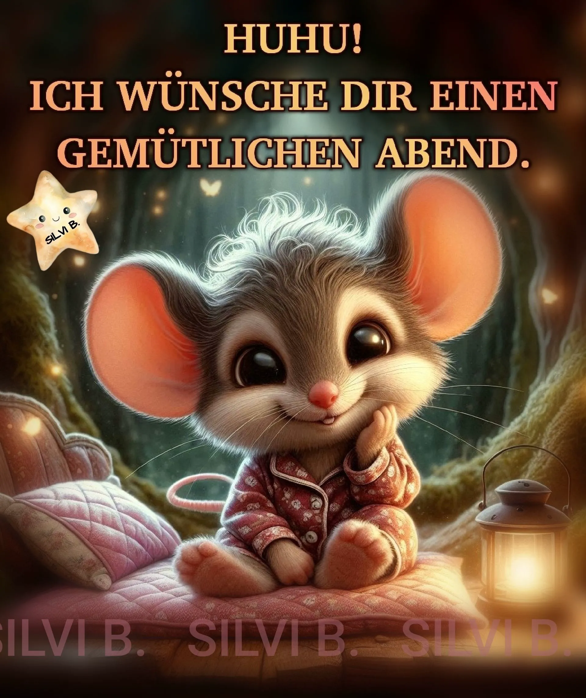 Ein niedliches Mäuschen in einem rosa Pyjama sitzt auf einem Kissen, umgeben von einem warmen Licht und einem kleinen Laterne.