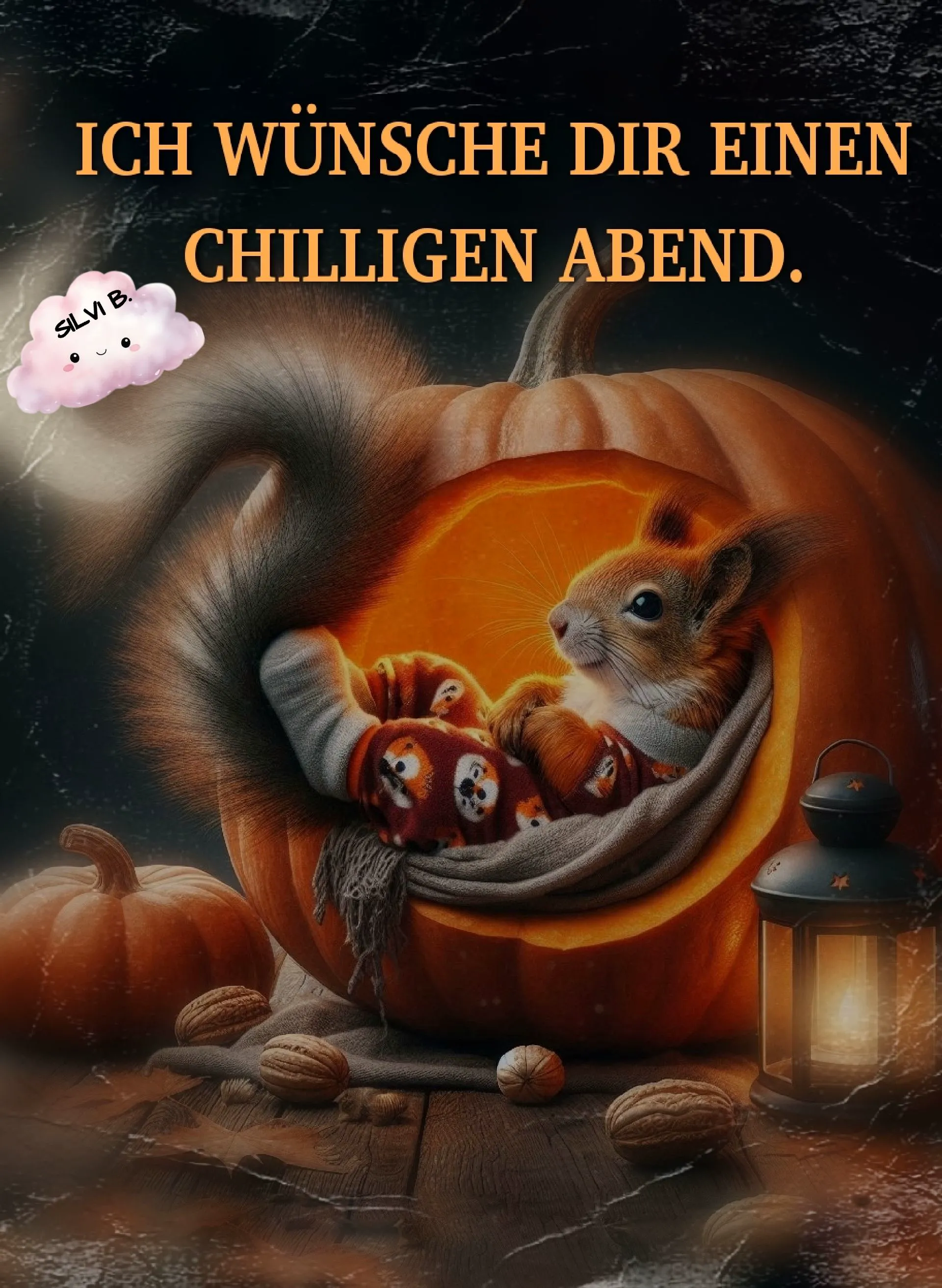 Ein niedliches Eichhörnchen sitzt in einer Kürbis-Höhle, umgeben von Kürbissen, Nüssen und einer Laterne, und trägt eine gemütliche Decke und Hausschuhe.