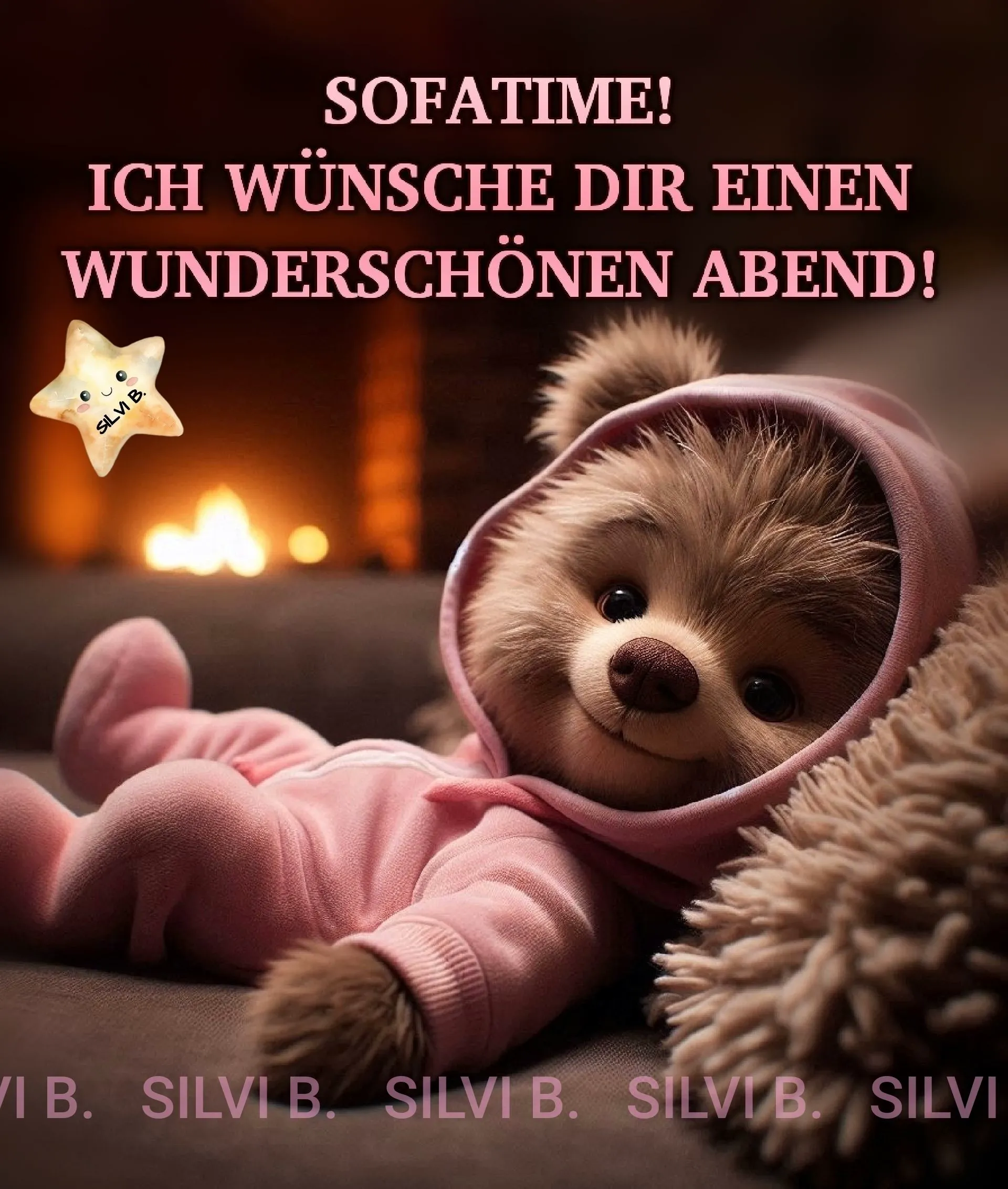Ein süßer Teddybär in rosa Kleidung liegt vor einem Kamin, umgeben von einem Stern und einem Teddyfell.
