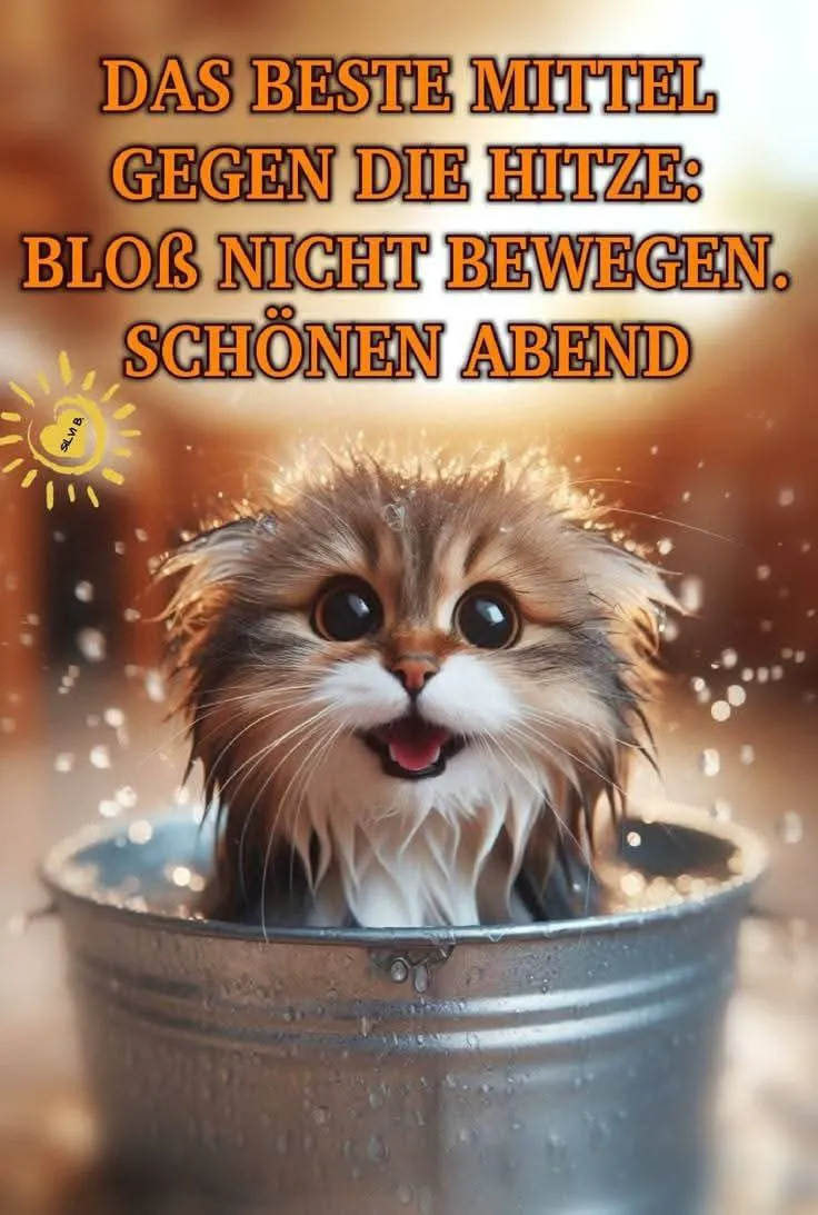Ein niedliches, nasses Kätzchen sitzt in einem metallenen Eimer, umgeben von Wassertropfen, mit einem humorvollen Spruch über Hitze.
