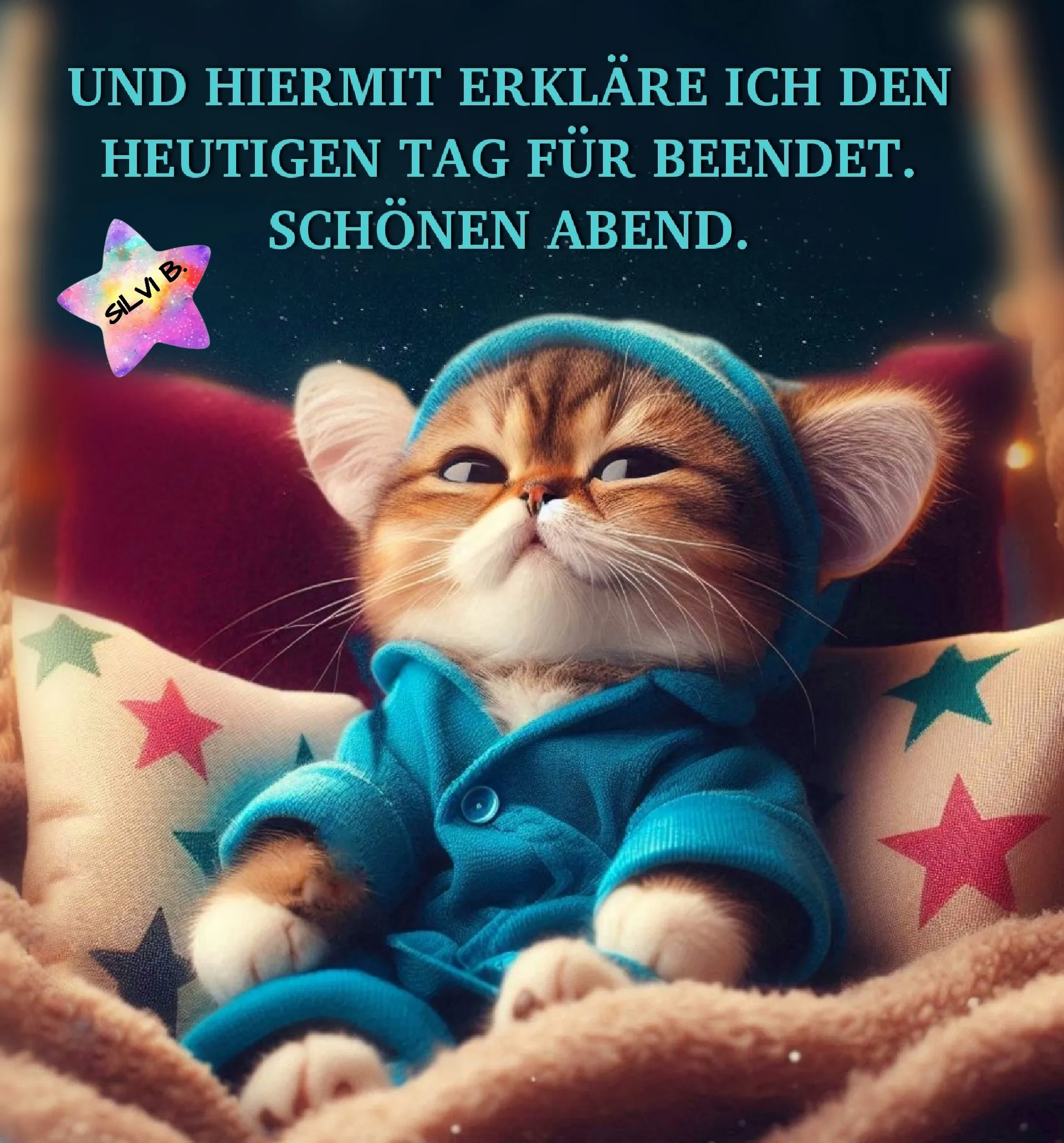 Ein niedliches Kätzchen im blauen Kapuzenpullover liegt gemütlich in einer Decke. Umgeben von Sternenkissen, mit dem Gruß: 'Schönen Abend'.