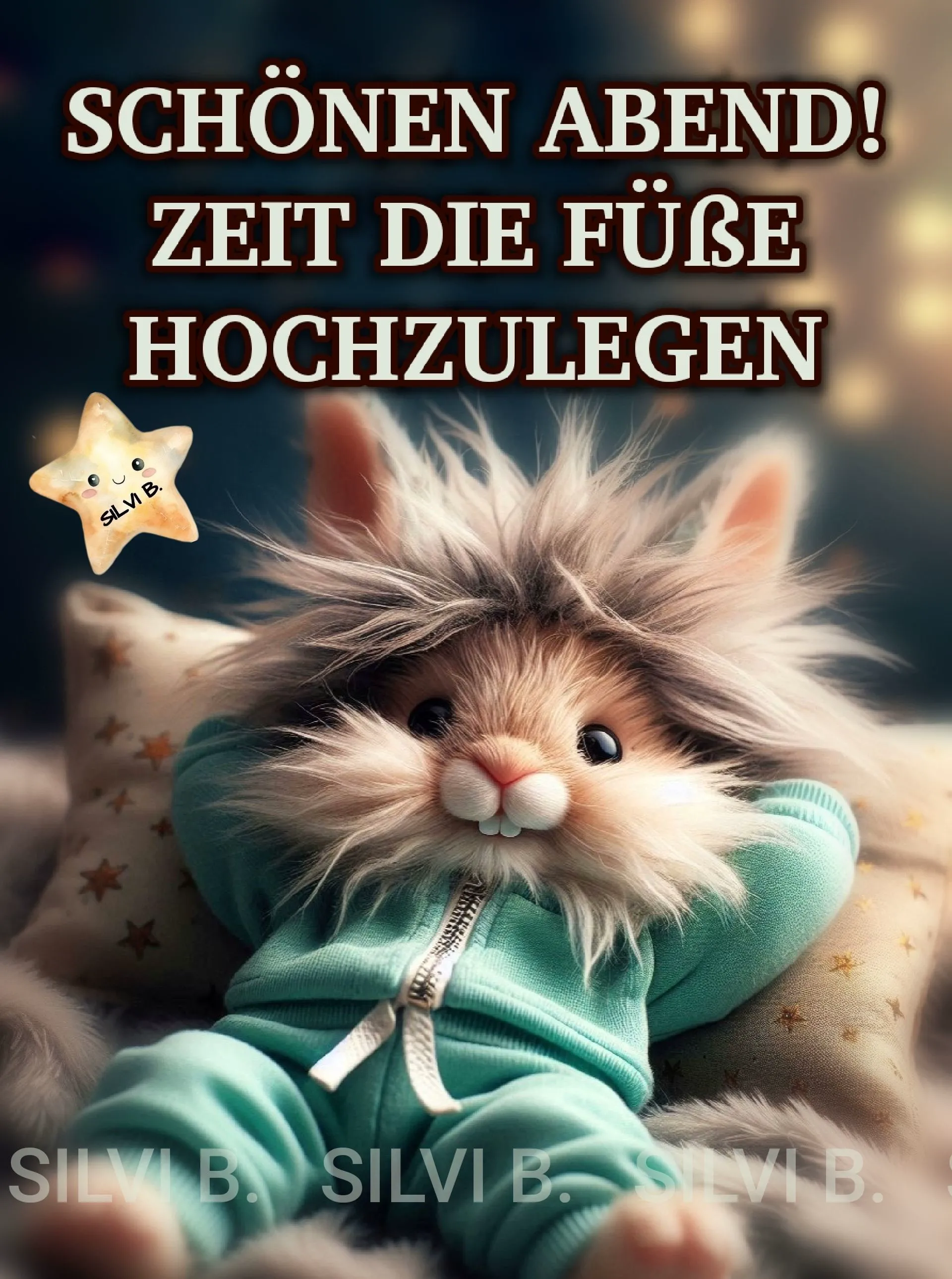 Ein niedliches, in einem mintfarbenen Sweatshirt gekleidetes Hasenbild, das gemütlich auf einem Sternenkissen liegt, umgeben von warmen Abendlichtern.