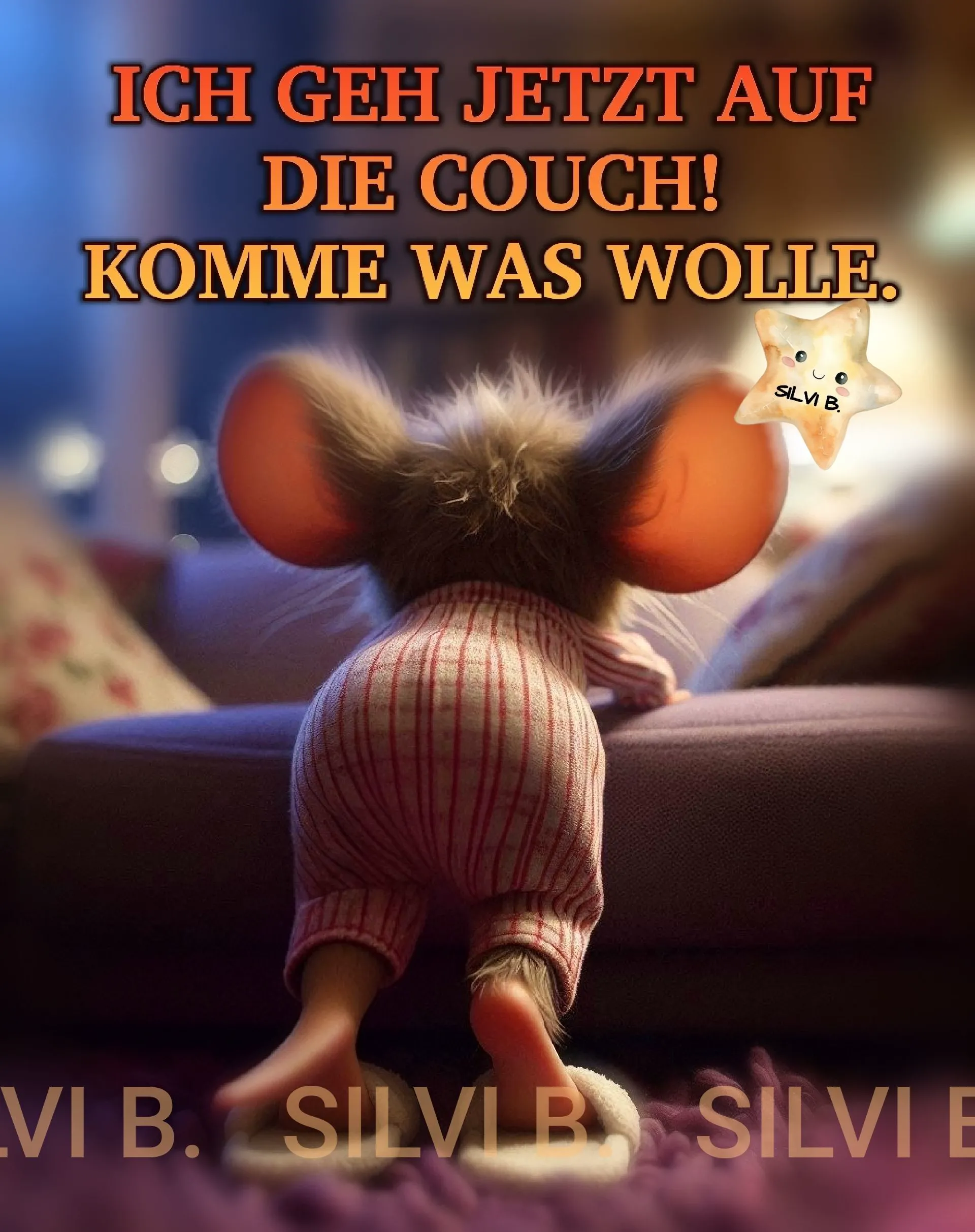 Ein niedliches Mäuschen im gestreiften Pyjama klettert von hinten auf ein Sofa. Ein lächelnder Stern leuchtet daneben. Perfekt für einen gemütlichen Guten-Abend-Gruß.
