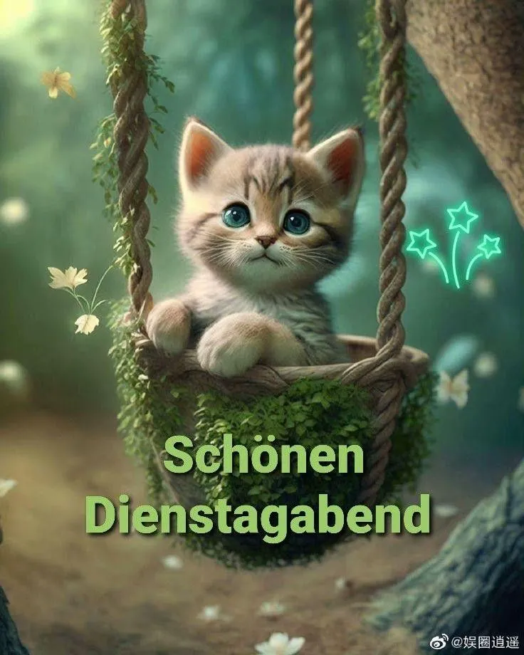 Ein süßes Kätzchen mit großen blauen Augen sitzt in einer mit Pflanzen bewachsenen Korbschaukel und wünscht einen schönen Dienstagabend. Ein niedliches Guten-Abend-Grußbild.