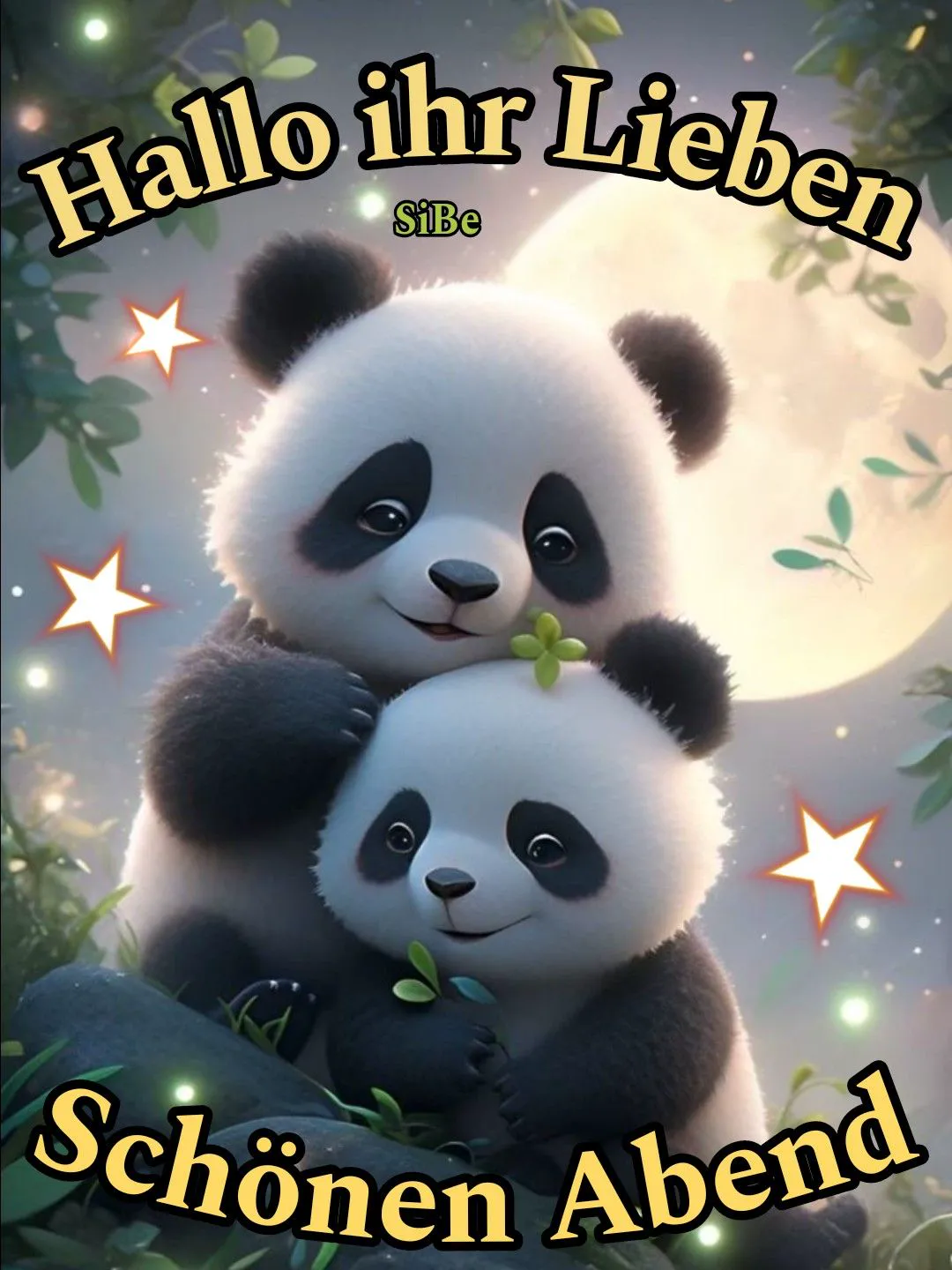 Zwei süße Pandabären kuscheln unter einem hellen Vollmond, umgeben von funkelnden Sternen und grünen Blättern. Ein idyllisches Guten-Abend-Bild für herzliche Grüße.