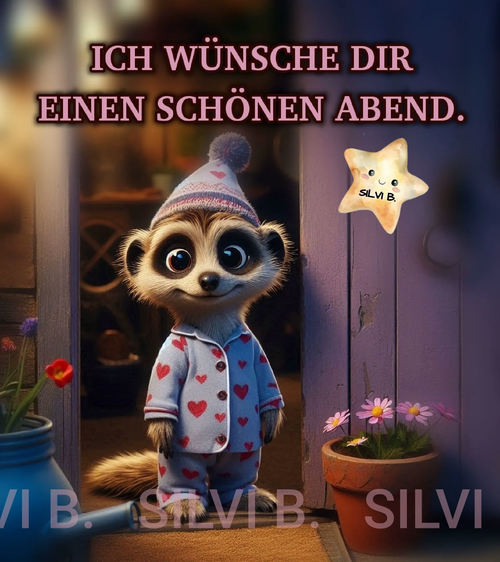 Ein niedliches Cartoon-Meerkatzchen in Schlafanzug und Mütze steht in einer Tür, umgeben von Blumen und wünscht einen schönen Abend.