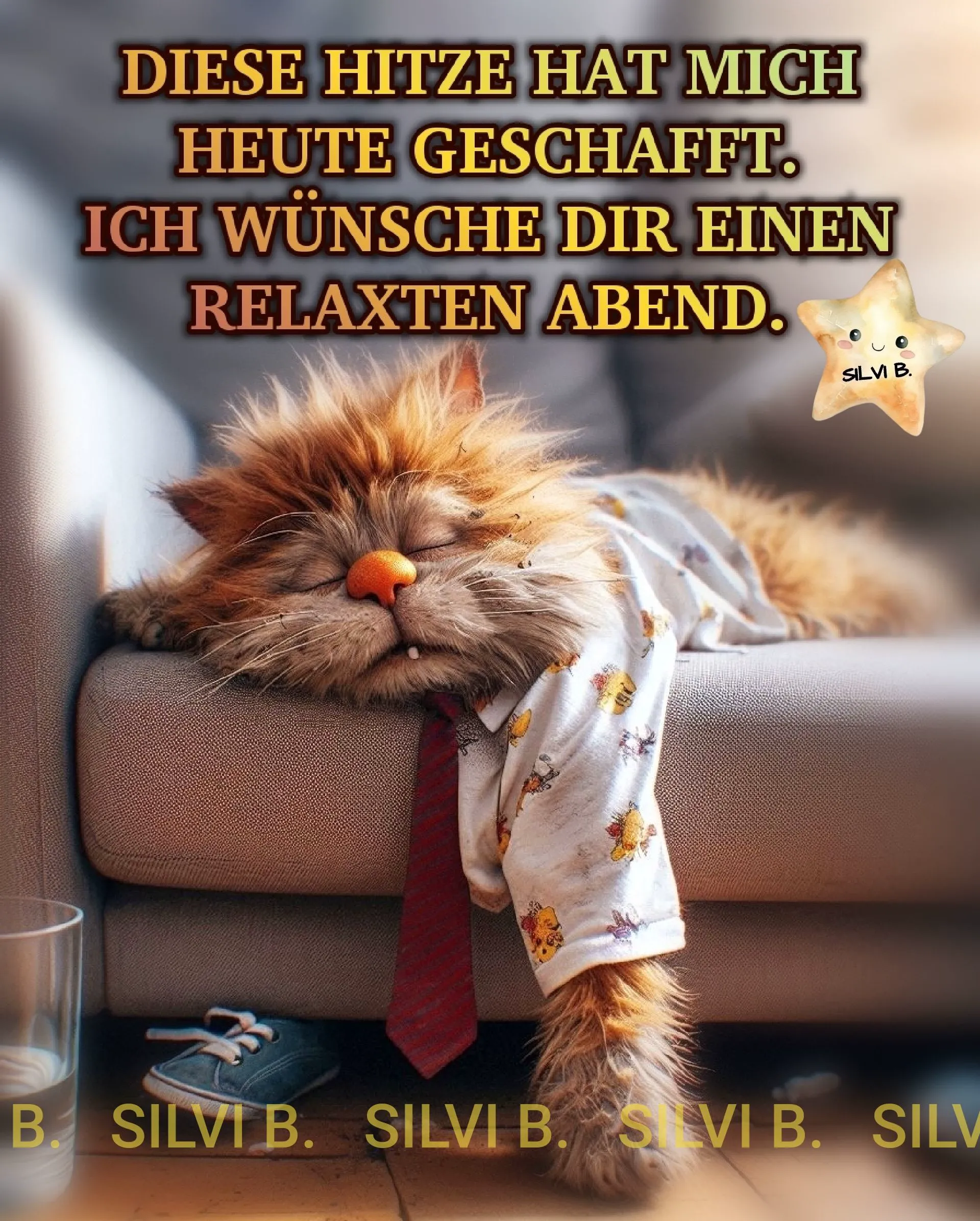 Ein müdes, orangefarbenes Katzen auf einer Couch, die Augen geschlossen, ein roter Krawatte um den Hals und ein weißes Hemd mit einem Cartoon-Muster.