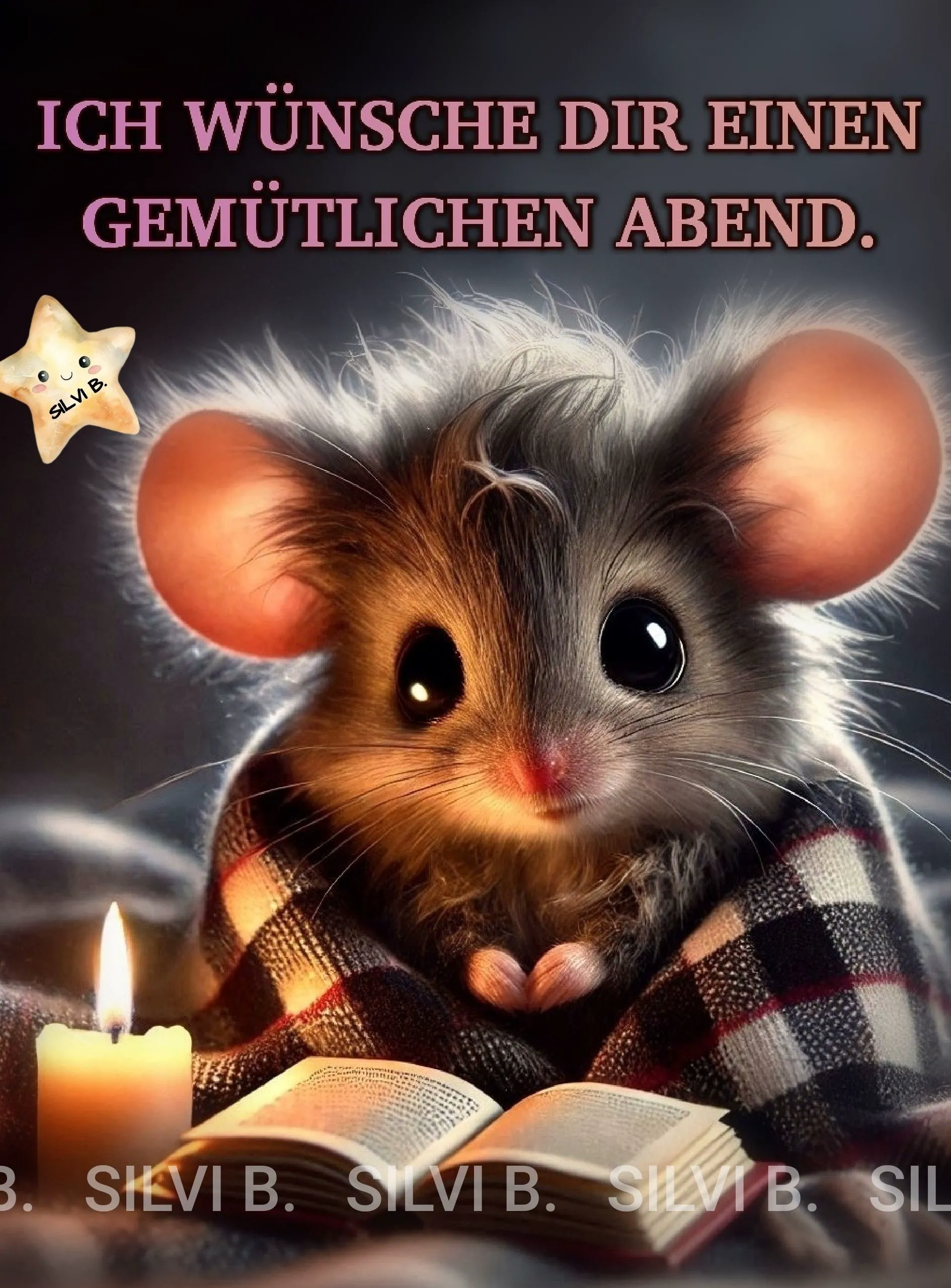 Ein niedliches Mäuschen in einer Decke sitzt vor einem Buch und einer Kerze