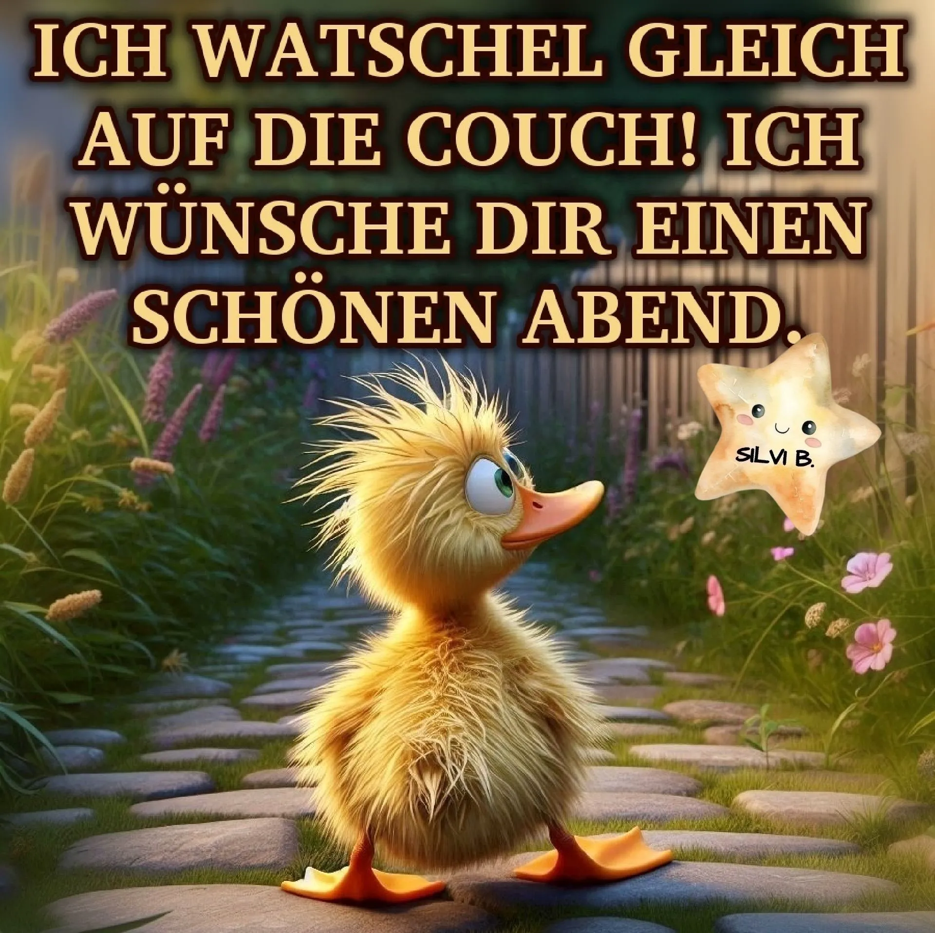 Ein süßes, flauschiges gelbes Entenküken watschelt auf einem Steinpfad. Das lustige Guten-Abend-Grußbild übermittelt Wünsche für einen entspannten und schönen Abend.