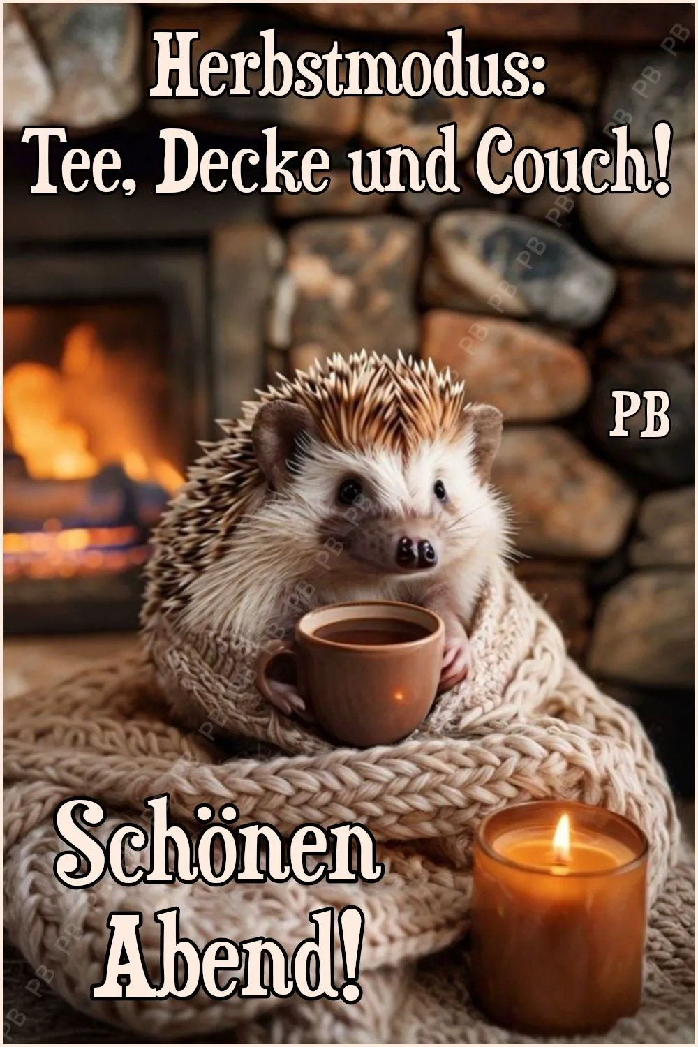 Niedlicher Igel in Decke mit Tasse Tee vor Kamin und Kerze. Text 'Herbstmodus: Tee, Decke und Couch! Schönen Abend!'. Ideal für entspannte Abendgrüße.