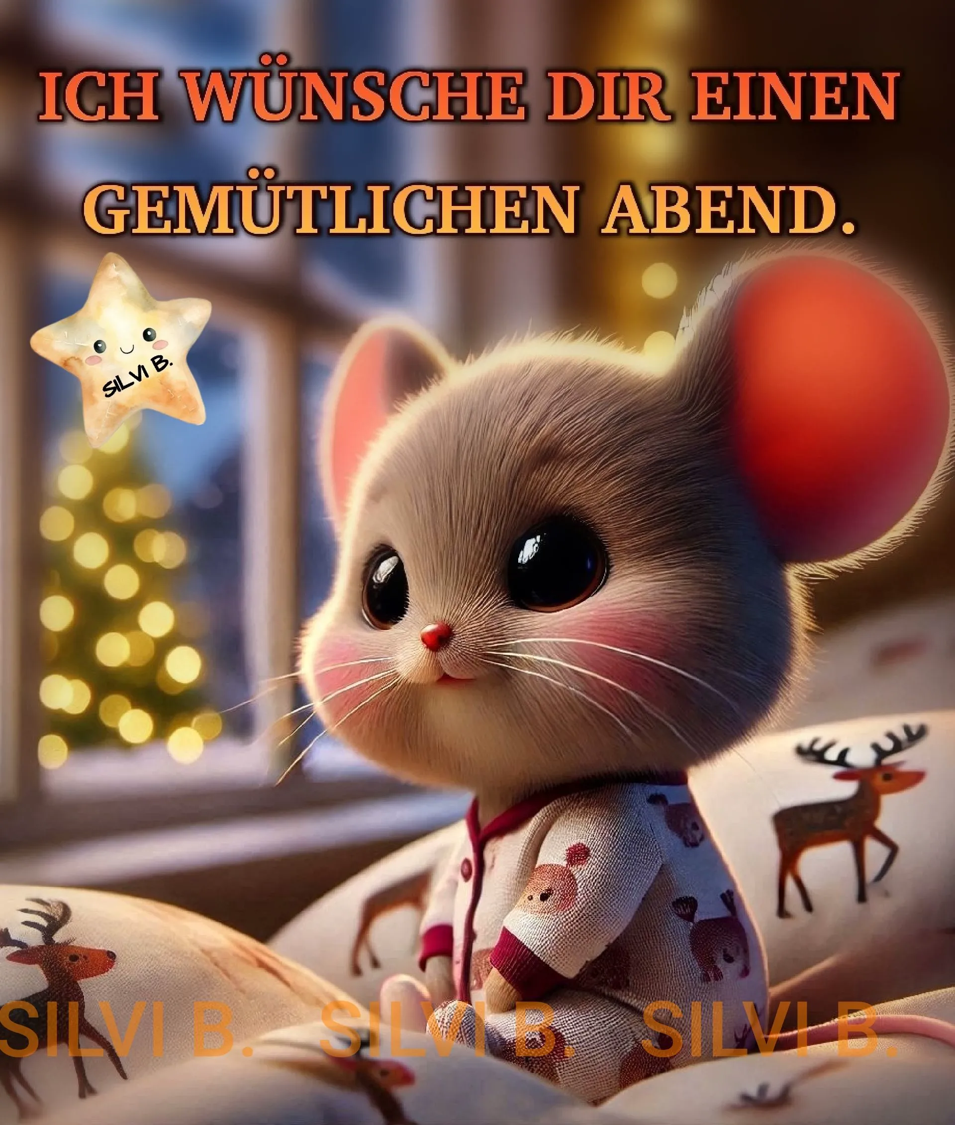 Niedliches Cartoon-Mausbild in Pyjamas, die einen gemütlichen Abend wünscht. Im Hintergrund funkeln Lichter, ideal für herzliche Abendgrüße.